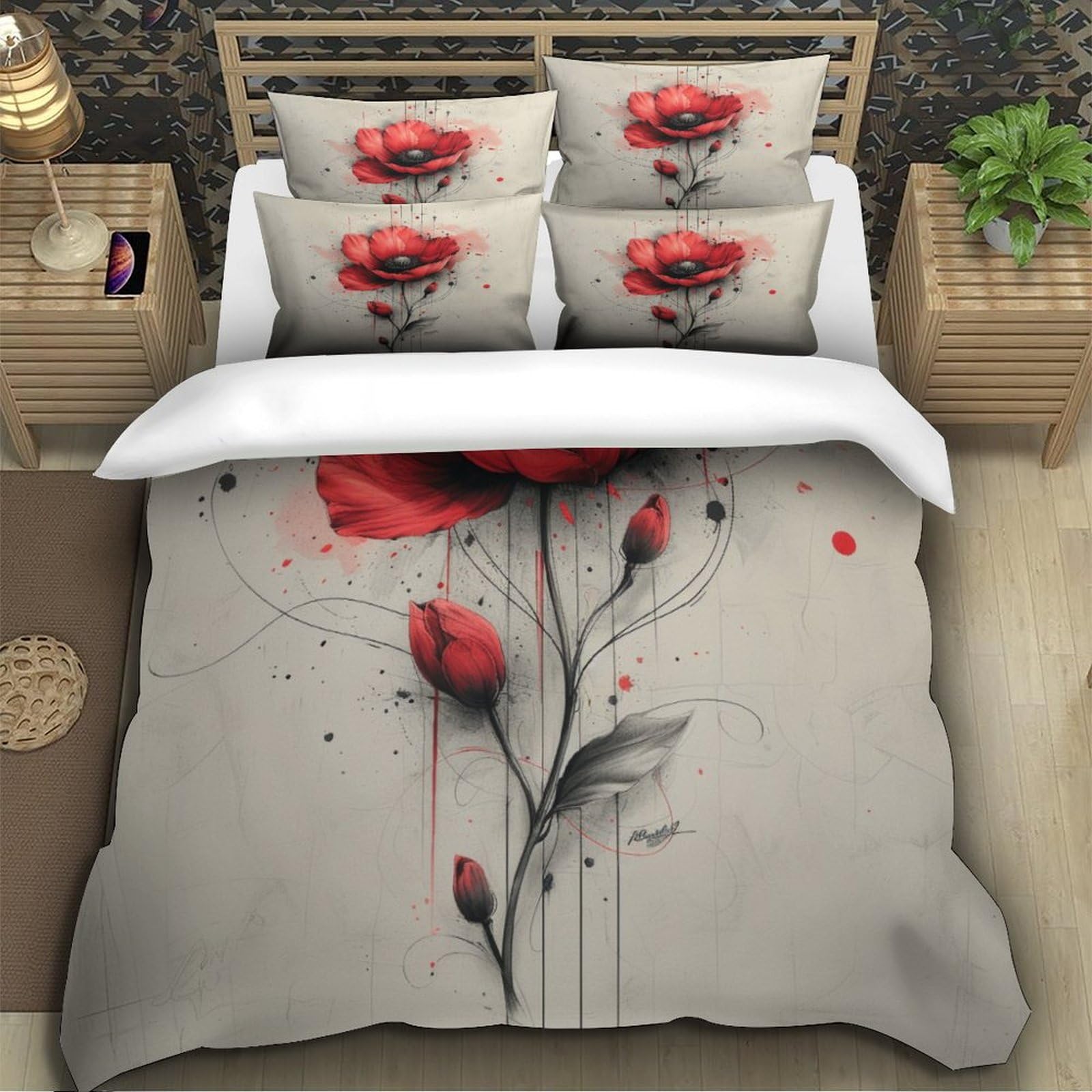 Funda de edredón de 3 piezas con diseño abstracto de flores rojas de calidad hotelera, fundas de cama con fundas de almohada con cierre de cremallera, microfibra hipoalergénica ultrasuave,