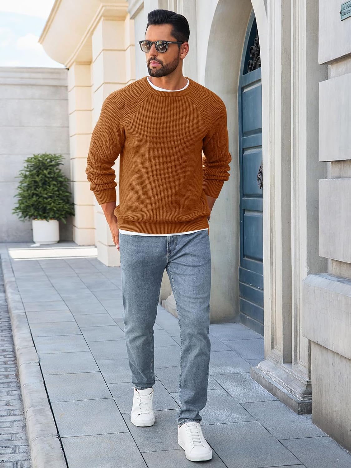 Runcati Mens Crew Neck Pullover Sweater Waffle Long Sleeve 2025 Fall Winter Thermal Textured Knitted Sweaters - Image 4