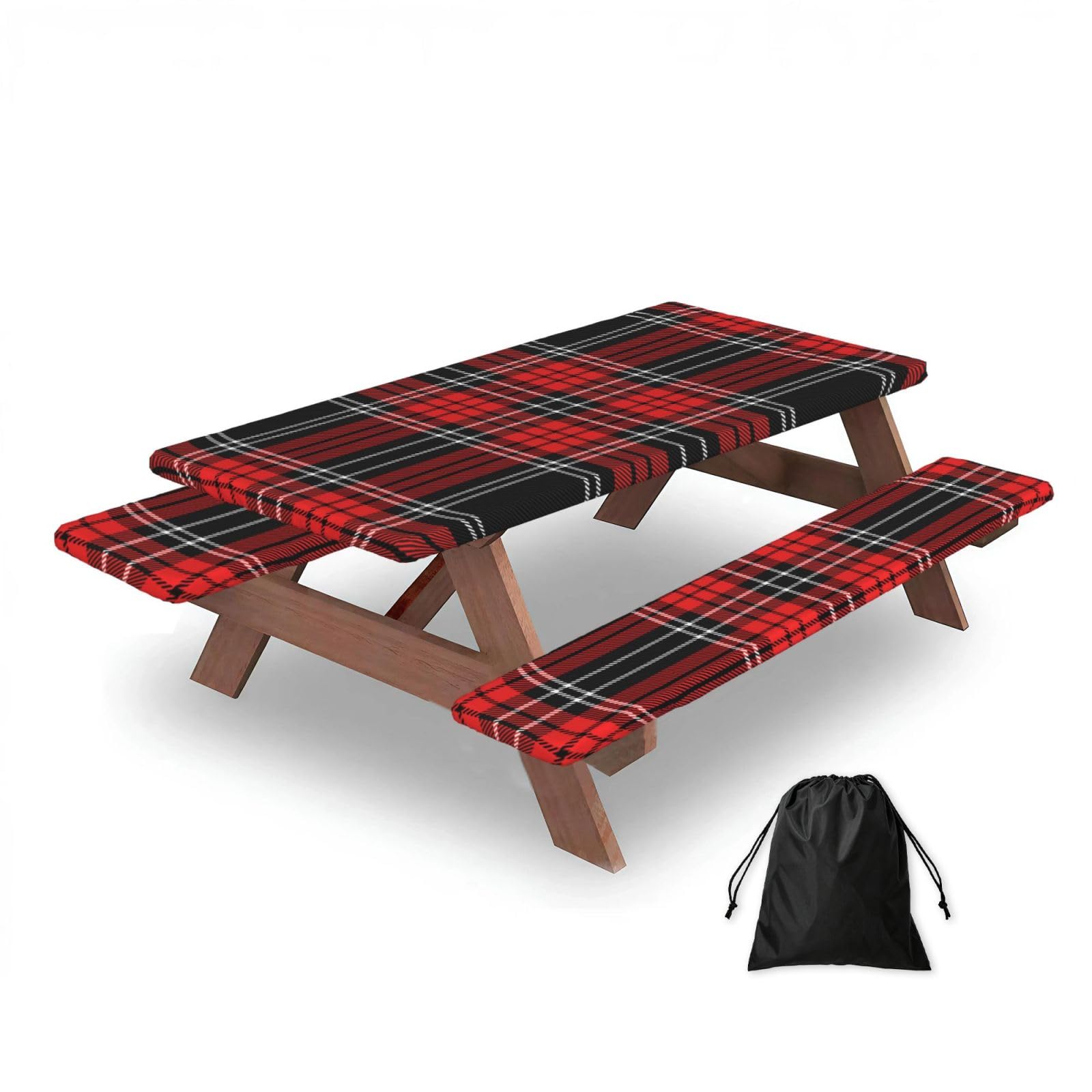 Dopklna As Picture Tartan Red Black, Picnic Table Cover With Bench Covers -Waterproof Elastic Fitted Tablecloth For Garden Camping Patio 76X152cm