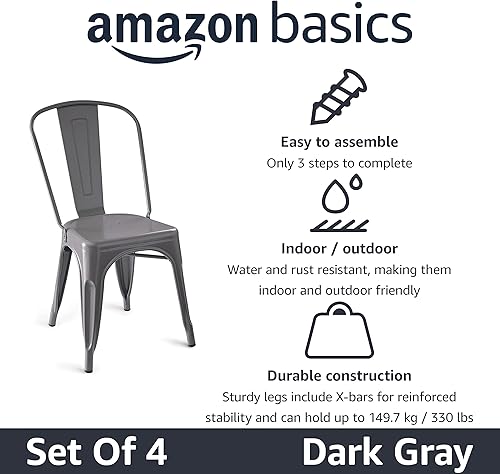 Miniatura 4 de Amazon Basics Sillas de comedor de metal, 4 unidades, gris oscuro, 20.1 x 17.1 x 33.5 pulgadas Gris oscuro,Mate negro