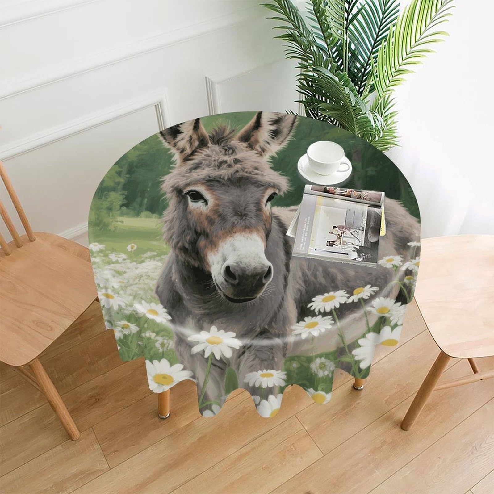 VstaDank Donkey in Daisy Bush Tablecloth Easy to Clean Polyester Round Table Cover Washable Round Table Cloth Wrinkle-Free Circle Decoration Tablecloth for Kitchen Dining Room 60"