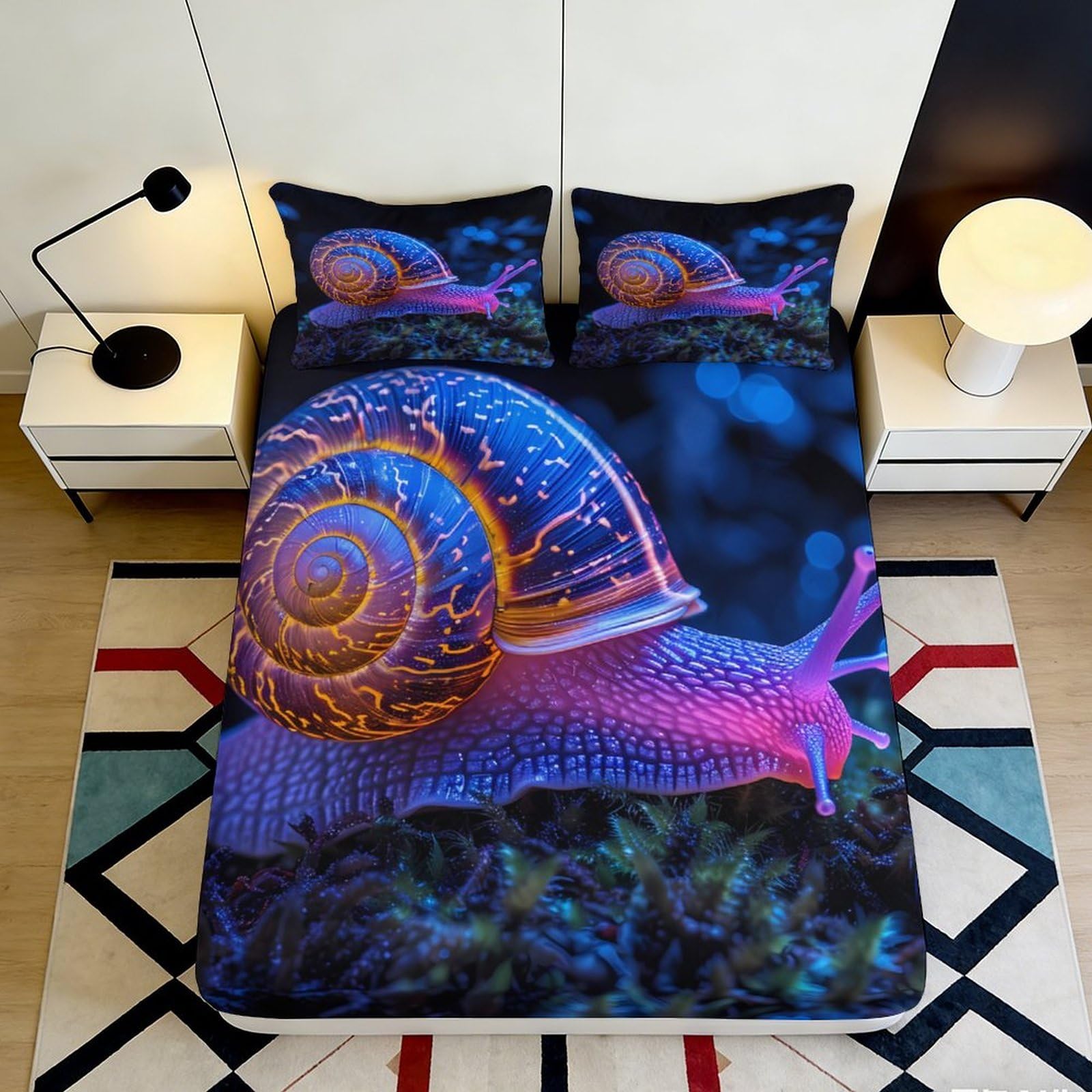 3D Printed Neon Snail Fitted Sheet Microfiber Soft Mattress Cover for Bedroom Dorm Mattress Protection Decor 116 120x200x25cm