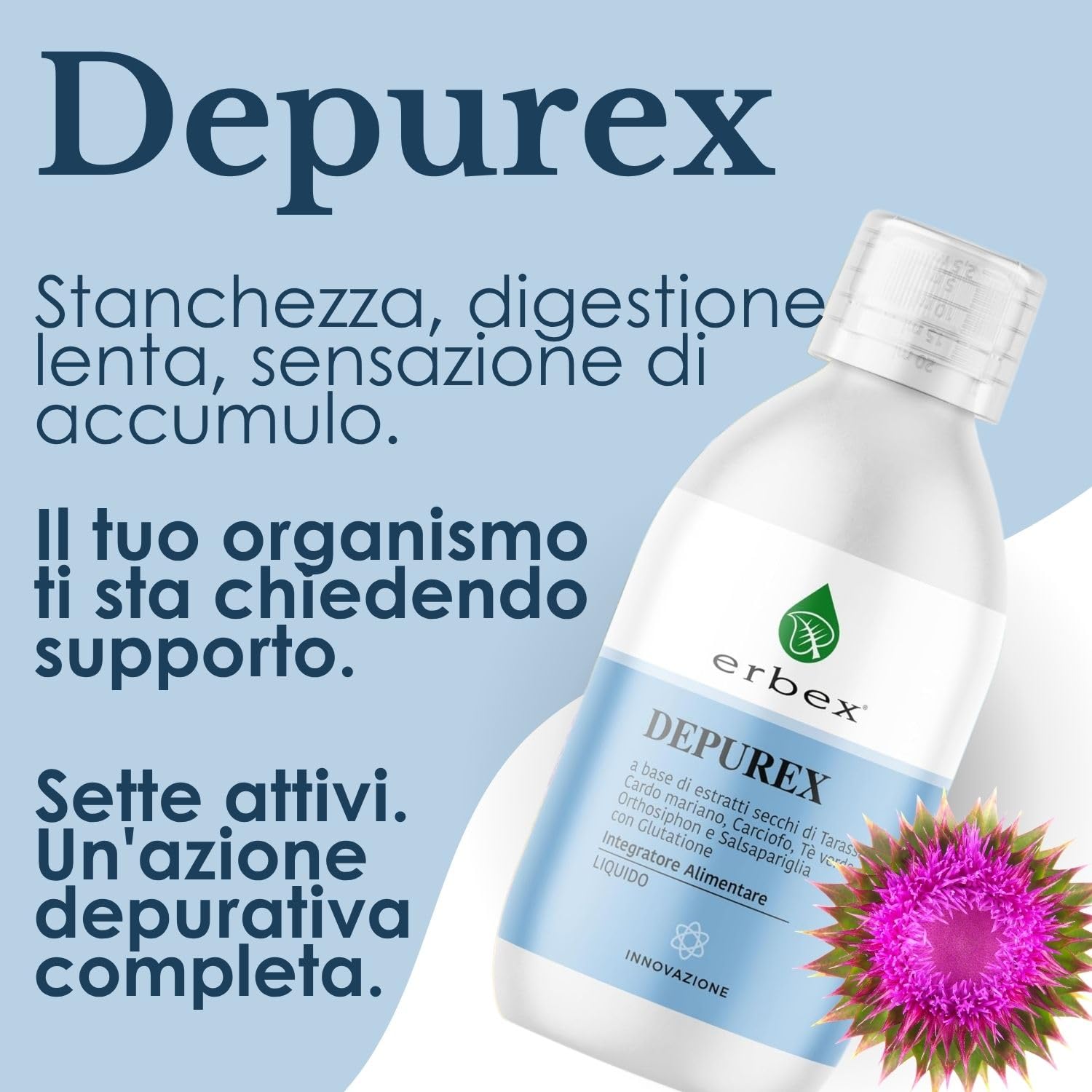 ERBEX - Depurex | Cardo Mariano Tarassaco Carciofo e Glutatione | Integratore Liquido Depurativo Fegato e Drenaggio | 300 ml