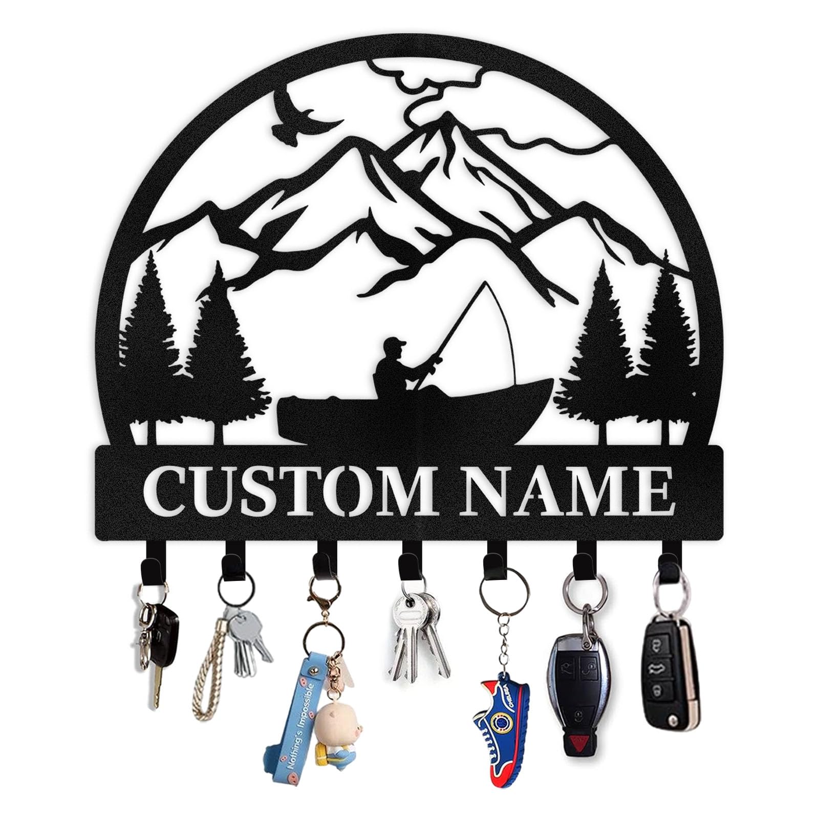 Personalized Fishing Key Holder Wall Mount, Fisherman Key Holder for Wall, Custom Name Keys Hanger for Fishing Lovers Gifts, Decorative Camping Keys Hooks for Fisherman Family Gifts Color06