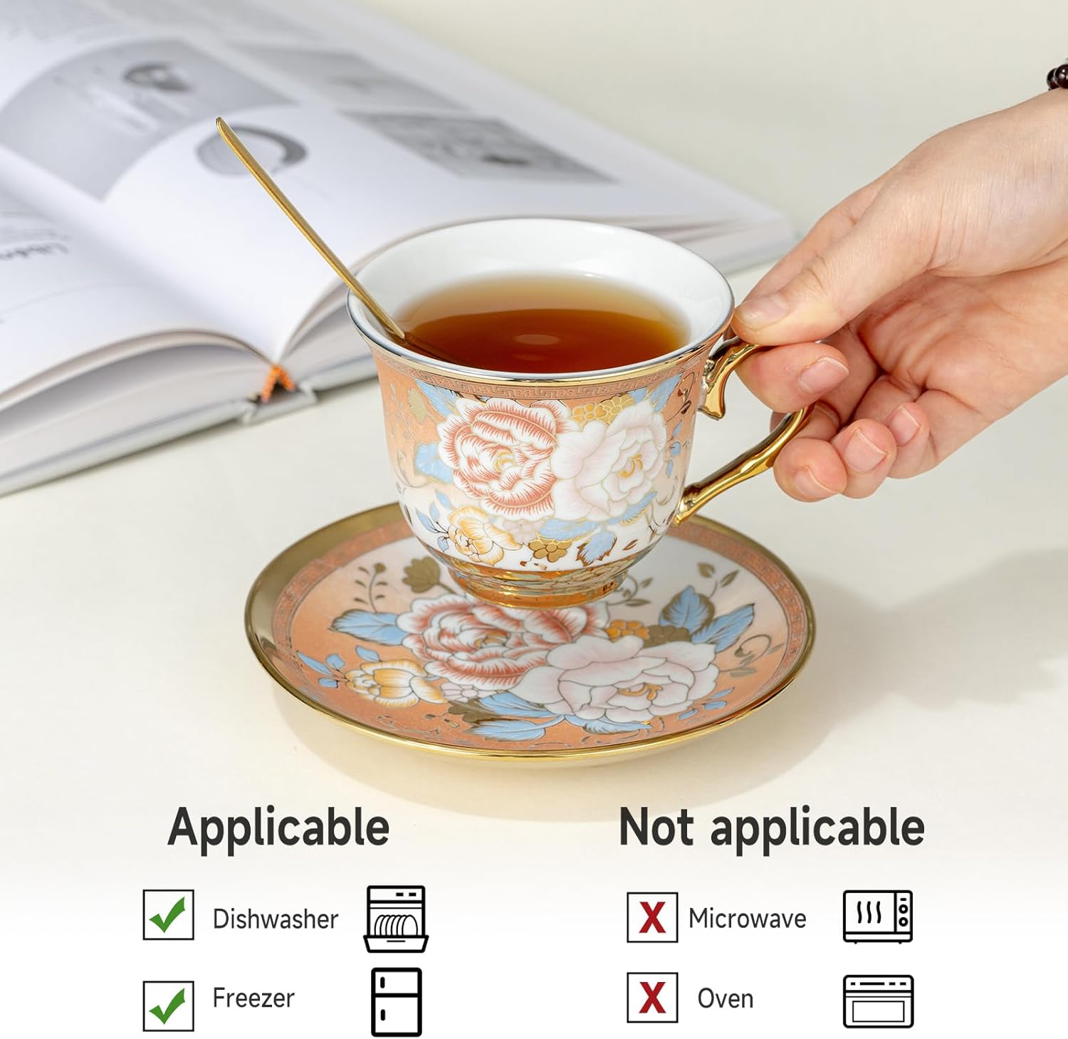 Tea Cups and Saucers Sets of 6, 8 Oz Floral Tea Cups with Spoons Ceramic Cup and Saucer Set for Cappuccino, Espresso, Coffee, Cafe, Latte, Tea for Tea Birthday - Image 4