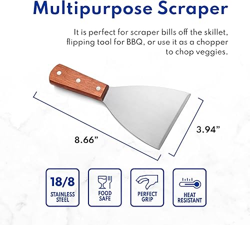 Miniatura 7 de New Star Foodservice 38309 Rascadores de parrilla de borde inclinado con mango de madera, 4 x 8.5 pulgadas