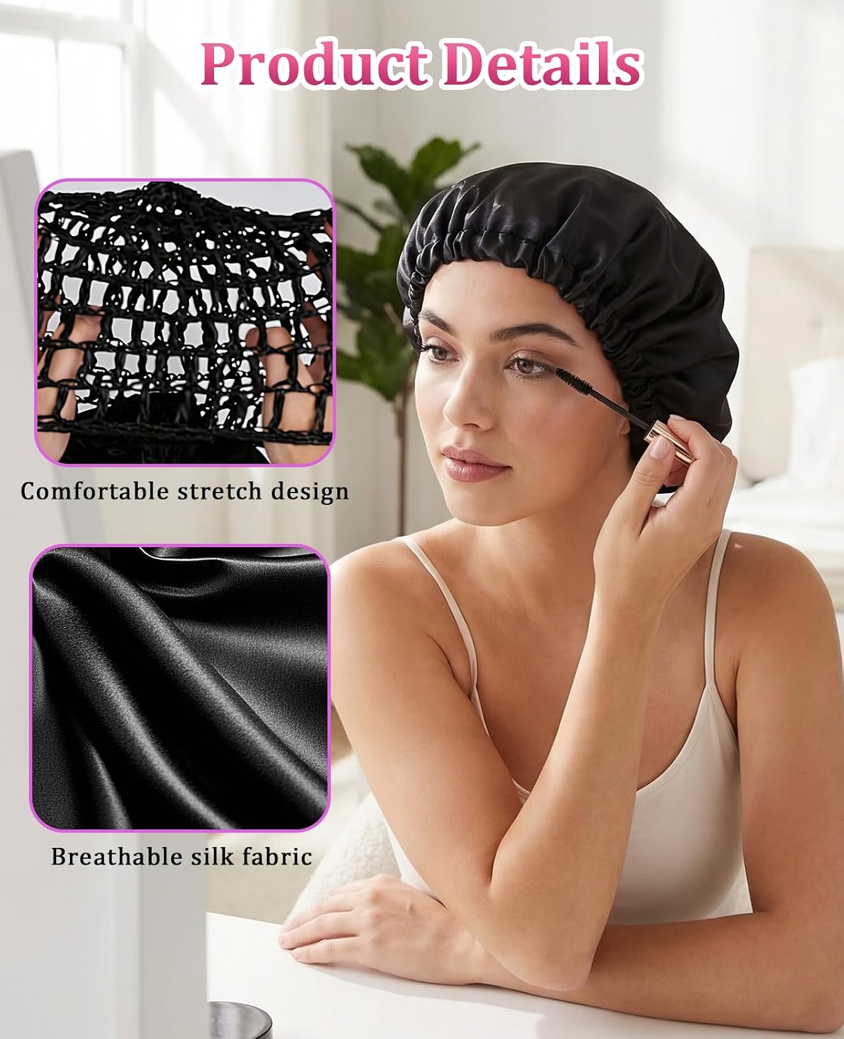 2PCS 2 in 1 Wrap Cap for Silk Press, Hair Wrap Net and Scarf, Reversible Sleeping Bonnet for Women (Black/Pink)