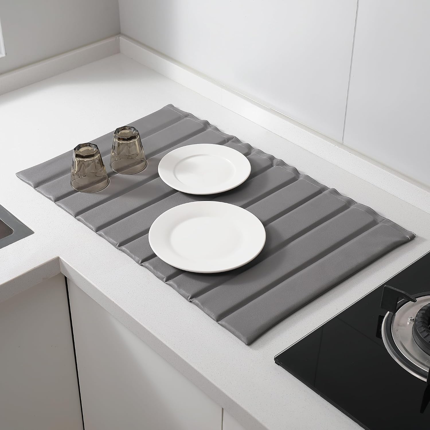 Stone Drying Mat Covered in Leather for Kitchen Counter, Dirt-Resistant Quick Drying Fast Absorbent Non-Slip Diatomite Mat, Natural Diatomaceous Earth Dish Drying Pad for Dish Rack
