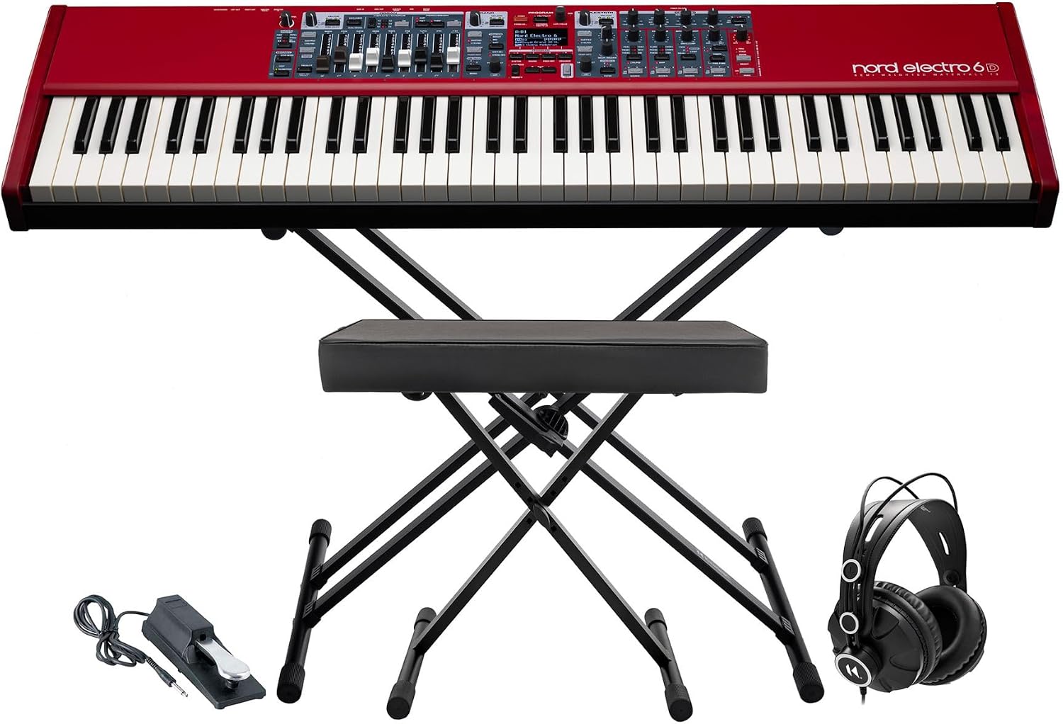 Nord Electro 6D 73 73-Note Semi-Weighted Waterfall Keybed Bundle with Adjustable Keyboard Stand, Adjustable Double X Bench, Sustain Pedal, and Closed-Back Headphones (5 Items)