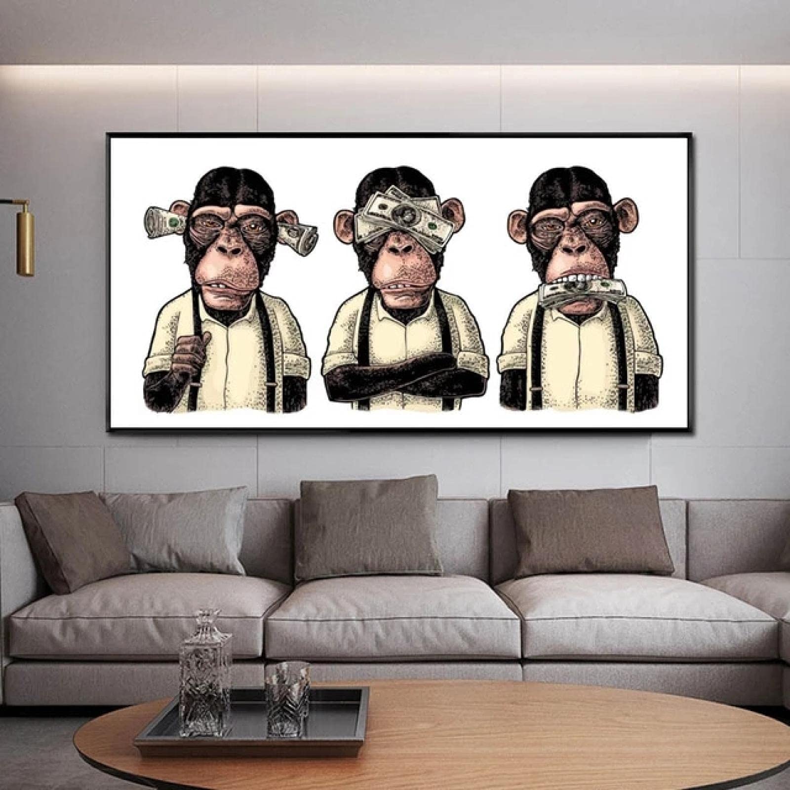 Tableau Déco Murale '3 Singes De La Sagesse' - Impression Sur Toile 60x100 Cm - 3 Pièces - Sans Cadre