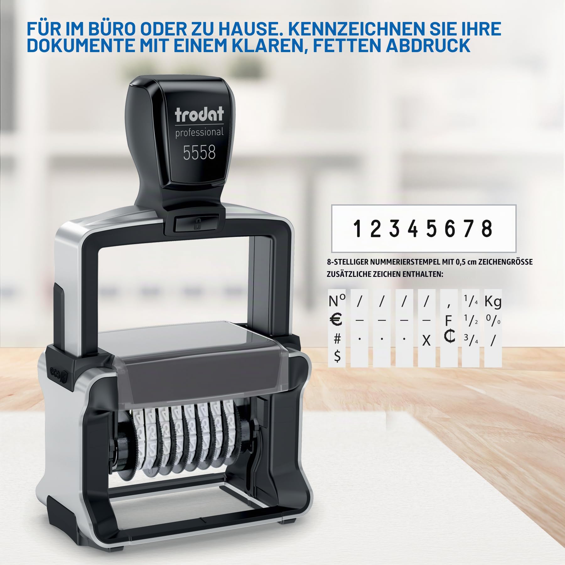 Trodat Professional 5558 Nummernstempel 8 Bänder, Selbstfärbend, 5 mm Schrifthöhe, Abdruck schwarz | Bürostempel, Abdruck 40x5 mm, Abdruck schwarz, selbstfärbend, dokumentenecht, archivierbar, Schrifthöhe 5 mm