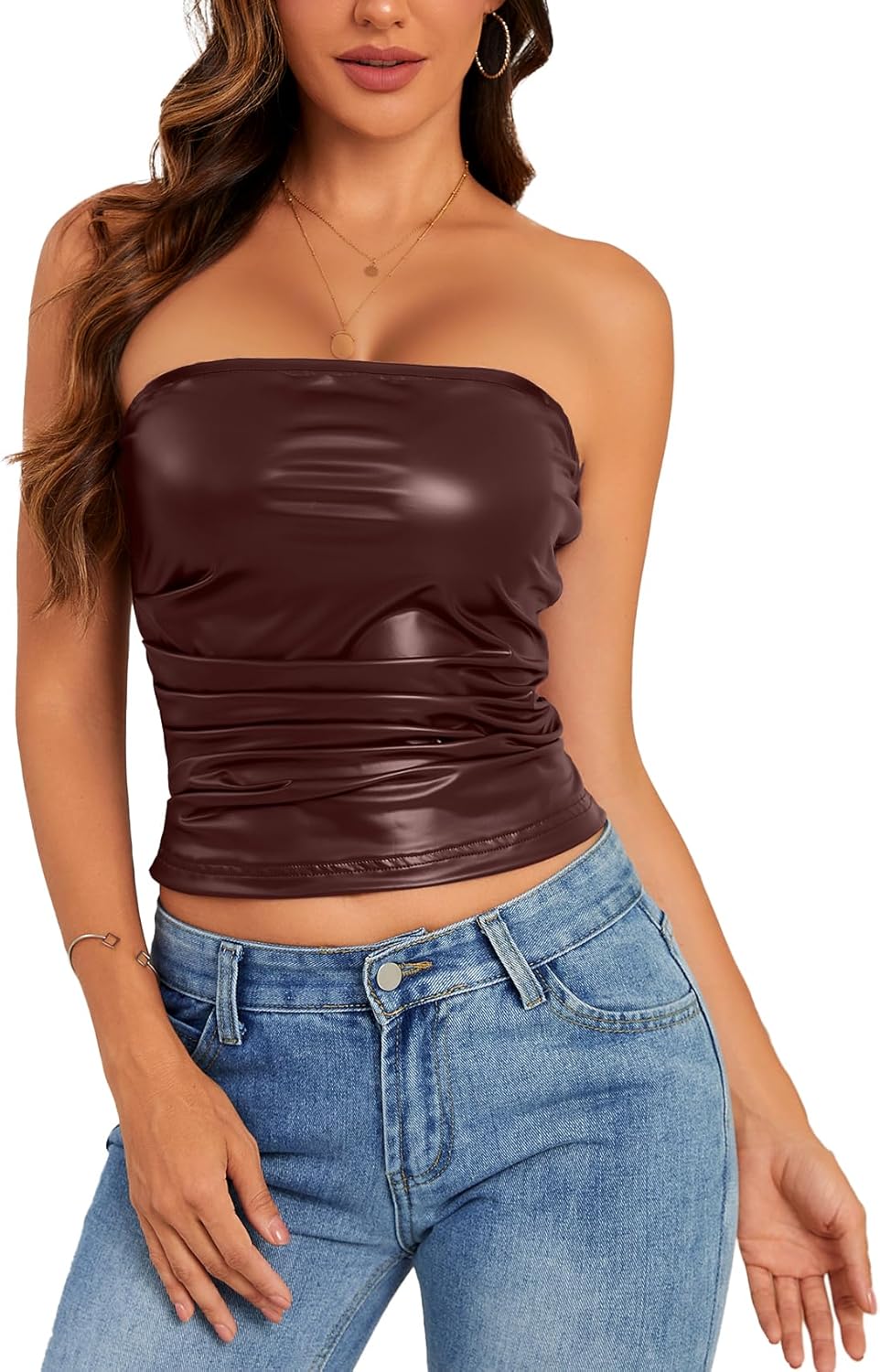 Women's PU Leather Tube Top Strapless Ruched Tank Tops Sexy Bandeau Going Out Shirt Partywear Club Concert Outfit Dark Coffee X-Small