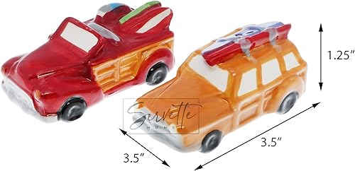 Miniatura 3 de Novedoso juego de salero y pimentero de cerámica para viajes, tema de playa, coches retro con tabla de surf
