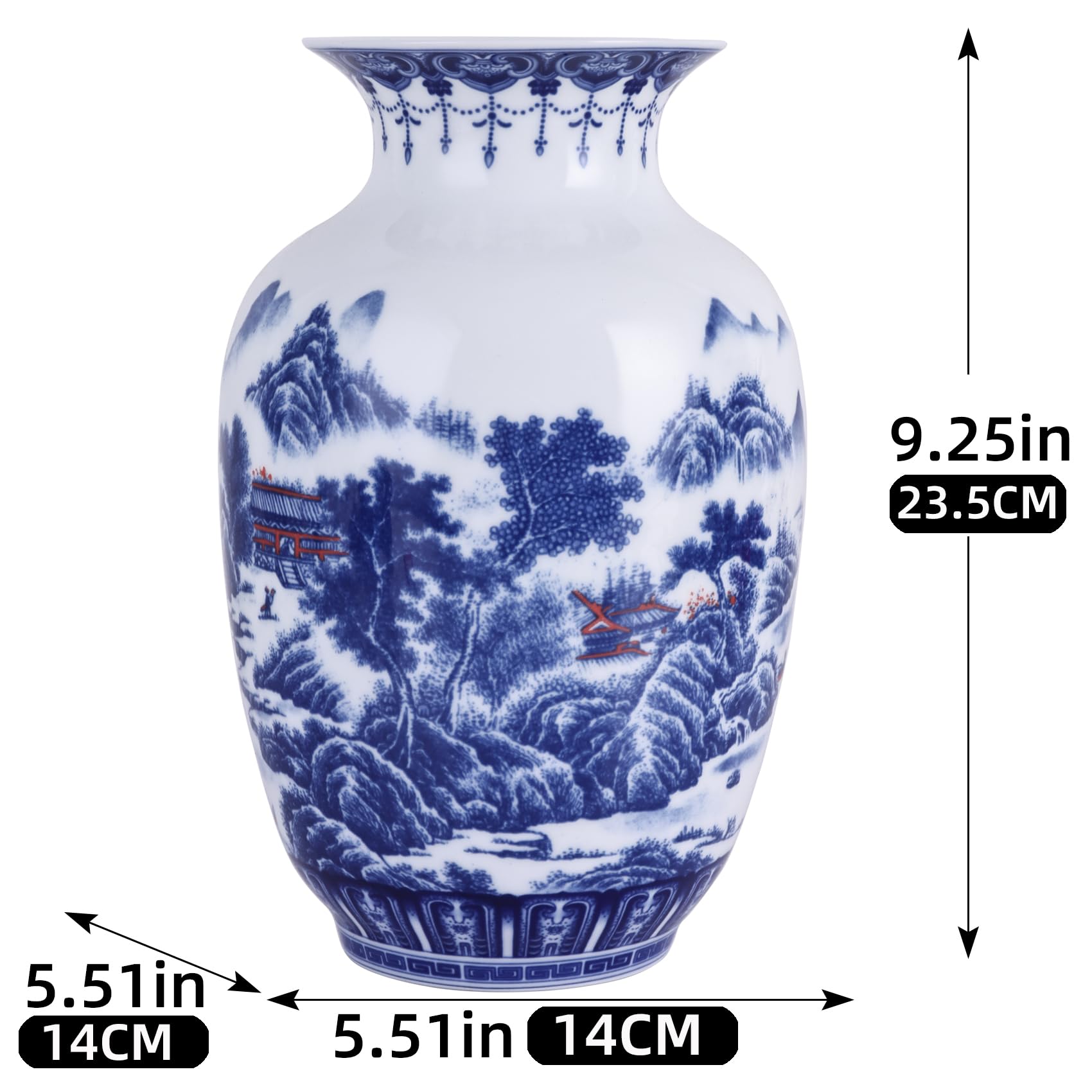 Vaso artigianale in porcellana blu e bianca, corpo sottile, design tradizionale cinese con zucca invernale a parete sottile e bocca larga, perfetto per la decorazione della casa, della scrivania e