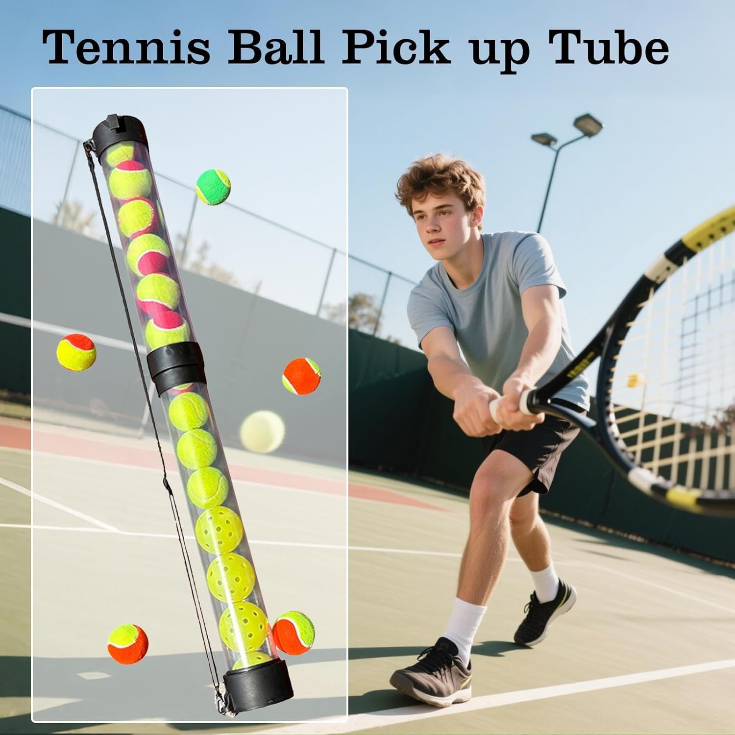 テニスボールチューブ | テニスボール回収ツール - 大容量 テニスボール 収集器具 肩ひも付き テニススクール チーム向け