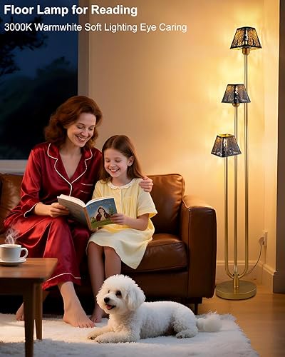 Miniatura 3 de Lámpara de pie dorada de 63 pulgadas, lámparas de pie únicas de 3 postes altos con pantalla de metal, 3000 K blanco cálido lámpara de pie moderna de