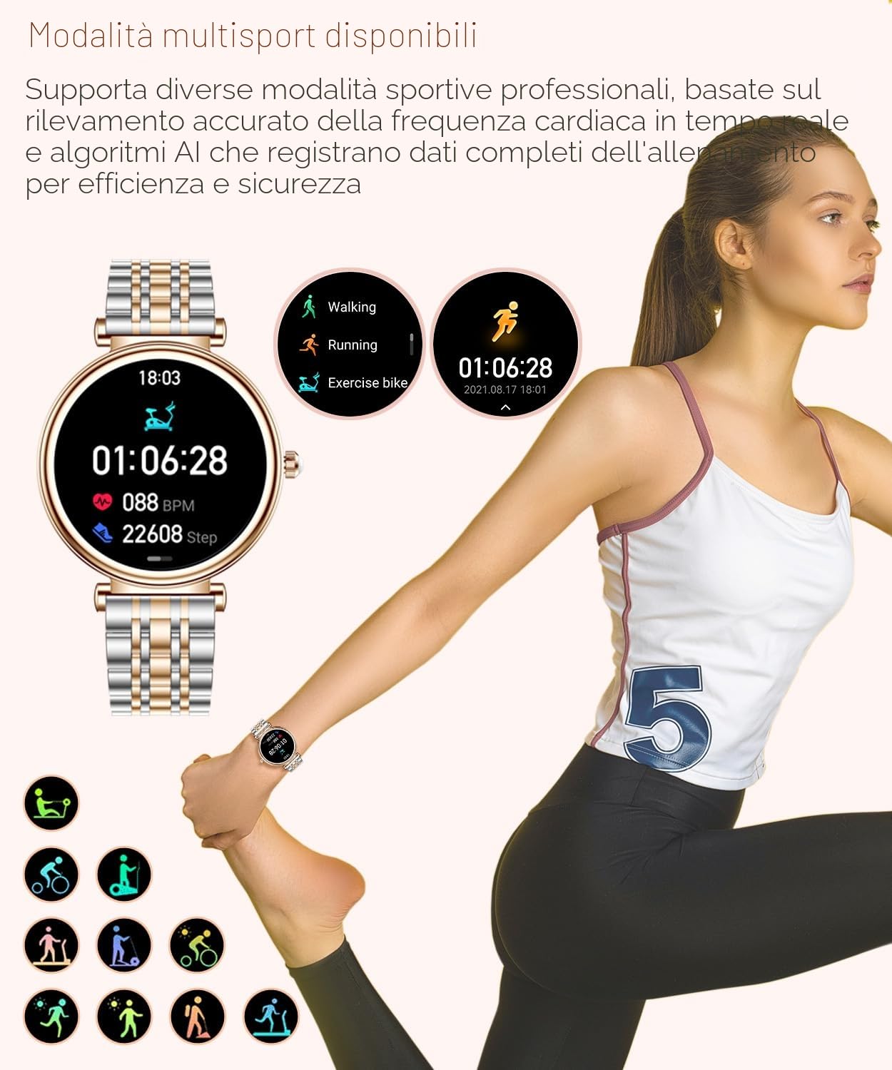 Smart Watch da donna con schermo a colori 1,25 pollici, impermeabile, fitness tracker, oro rosa, cardiofrequenzimetro e monitoraggio del sonno, per Android e iOS