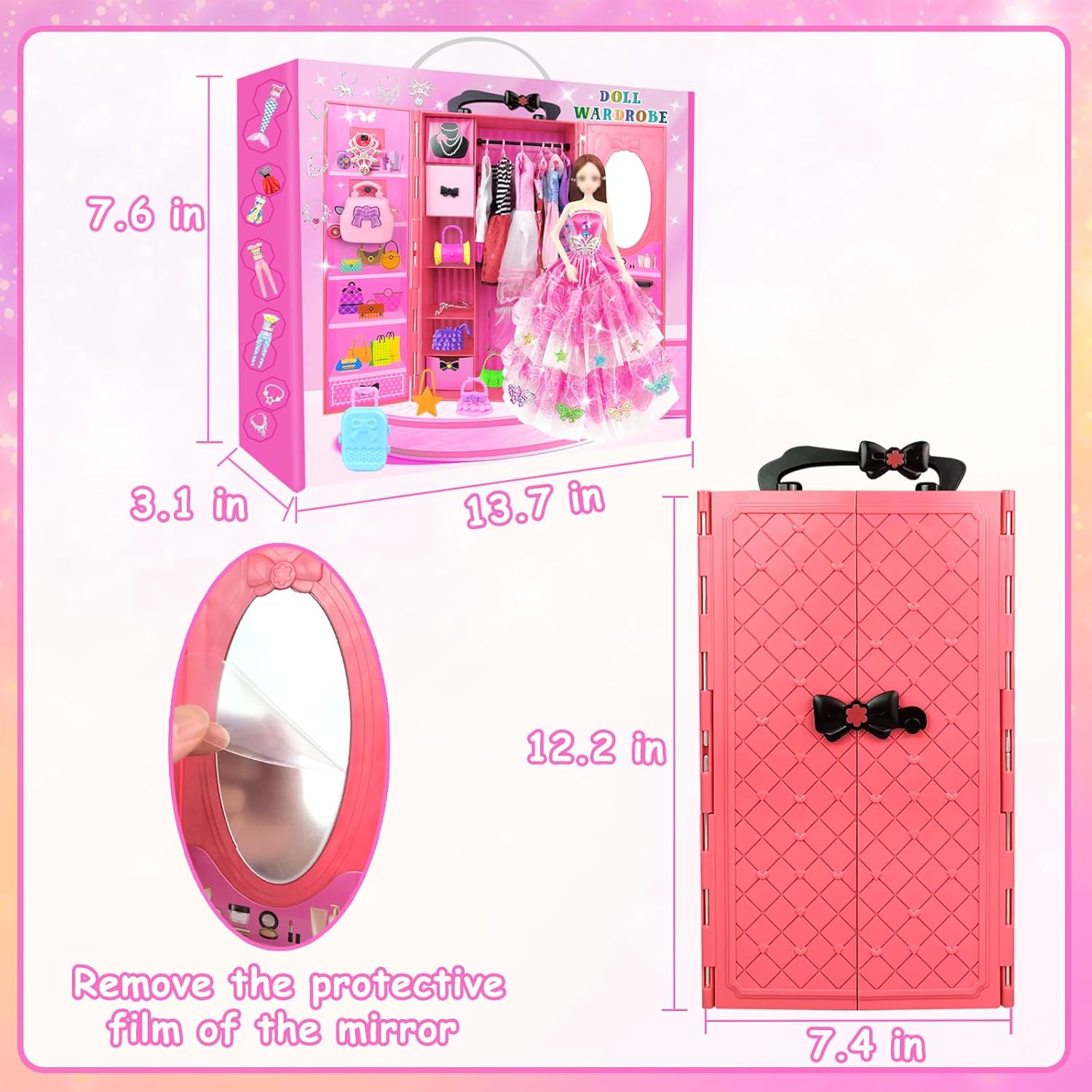 66Pcs Doll Clothes and Accessories with Doll Closet for 11.5 Inch Doll Dress up Set with 1 Doll Fashion Dresses Outfits Tops and Pants Shoe Rack Bags Gift Toy for Girls 4 5 6 7 8 9 10 Years