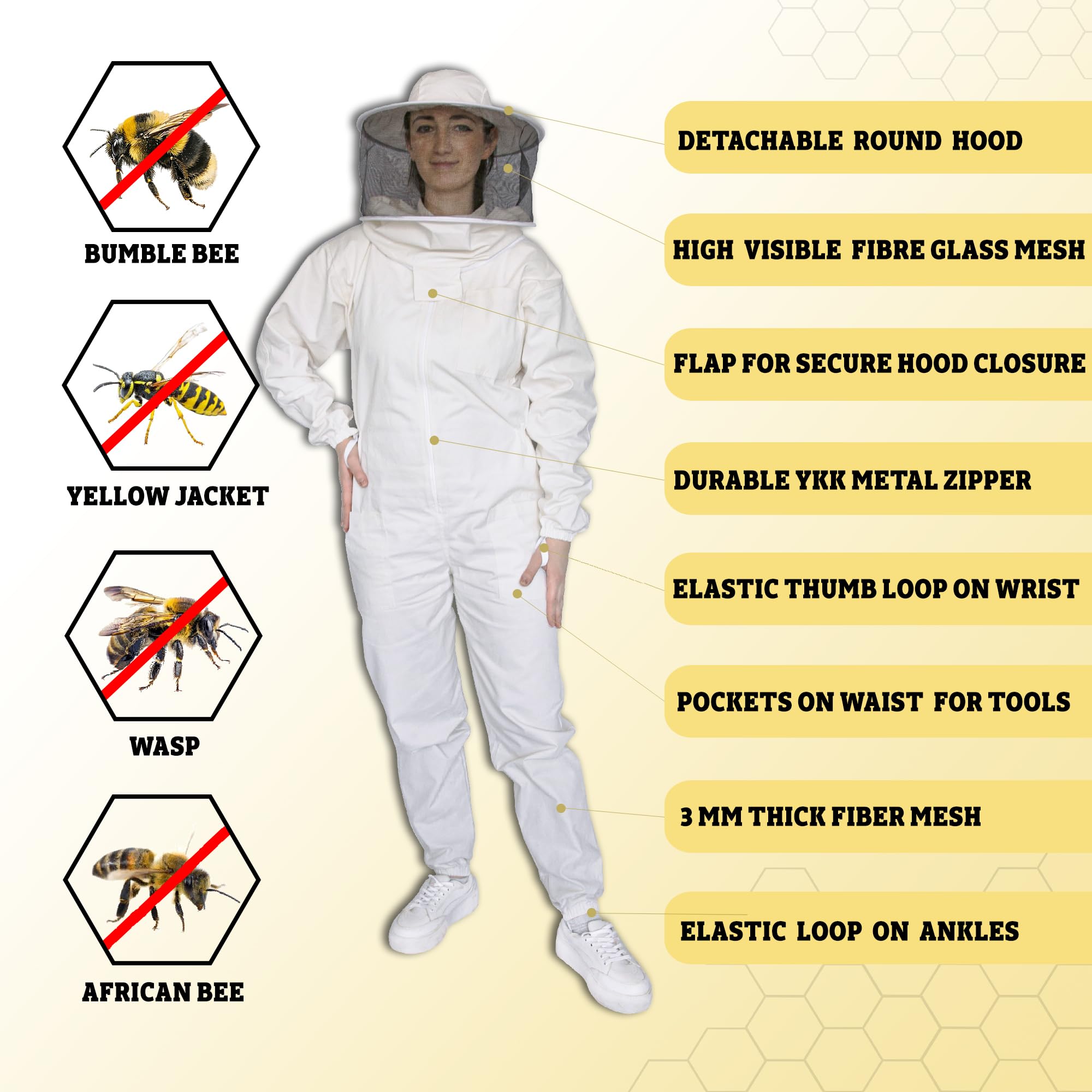 Combinaison d'apiculture professionnelle avec voile à capuche ronde - Combinaison d'apiculture en coton épais - Protection sans piqûres - Combinaison d'apiculture avec gants d'abeille -