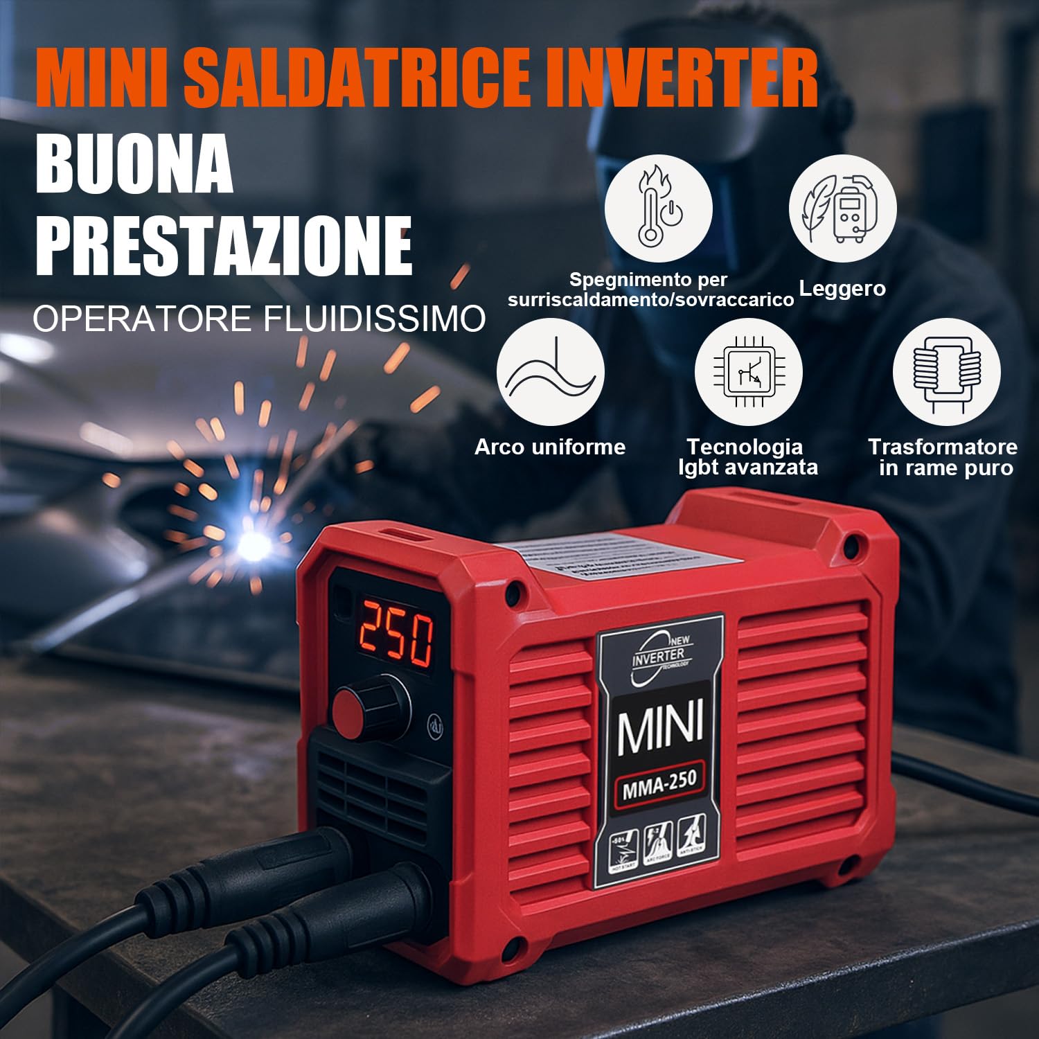 VOBOR Mini Saldatrice Inverter, 250A IGBT DC Saldatrice Elettrodo con Display LED, Antiaderente, Portatile Saldatura a Elettrodo, MMA 250