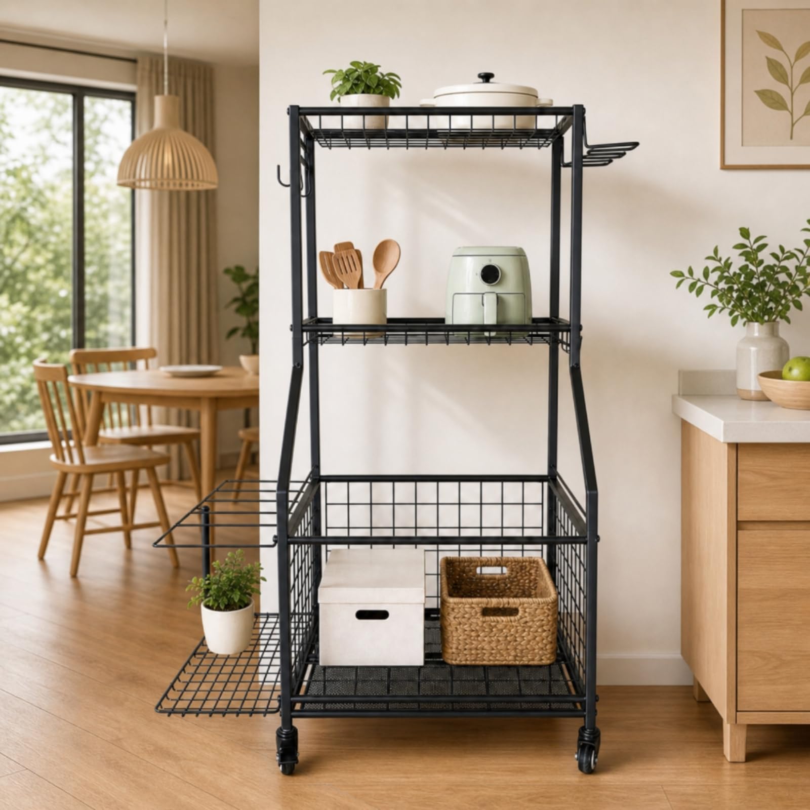 Carrello in Metallo con Ruote Multiuso Carrello Organizer con Ganci Compatto Scaffale per Palestra, Scuola