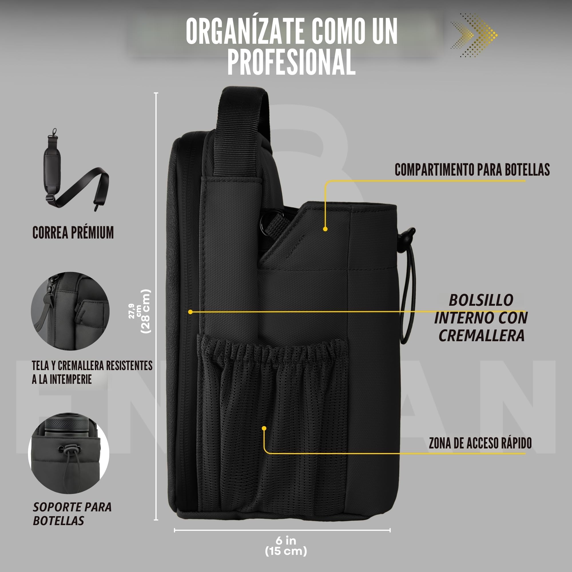 Bolsa Deportiva magnética, Soporte para Botella 1,5L, Bolsillo para móvil, Correa Ajustable Hombre Mujer, mosquetón Llaves, riñonera para Fitness, Gimnasio, musculación, Negro