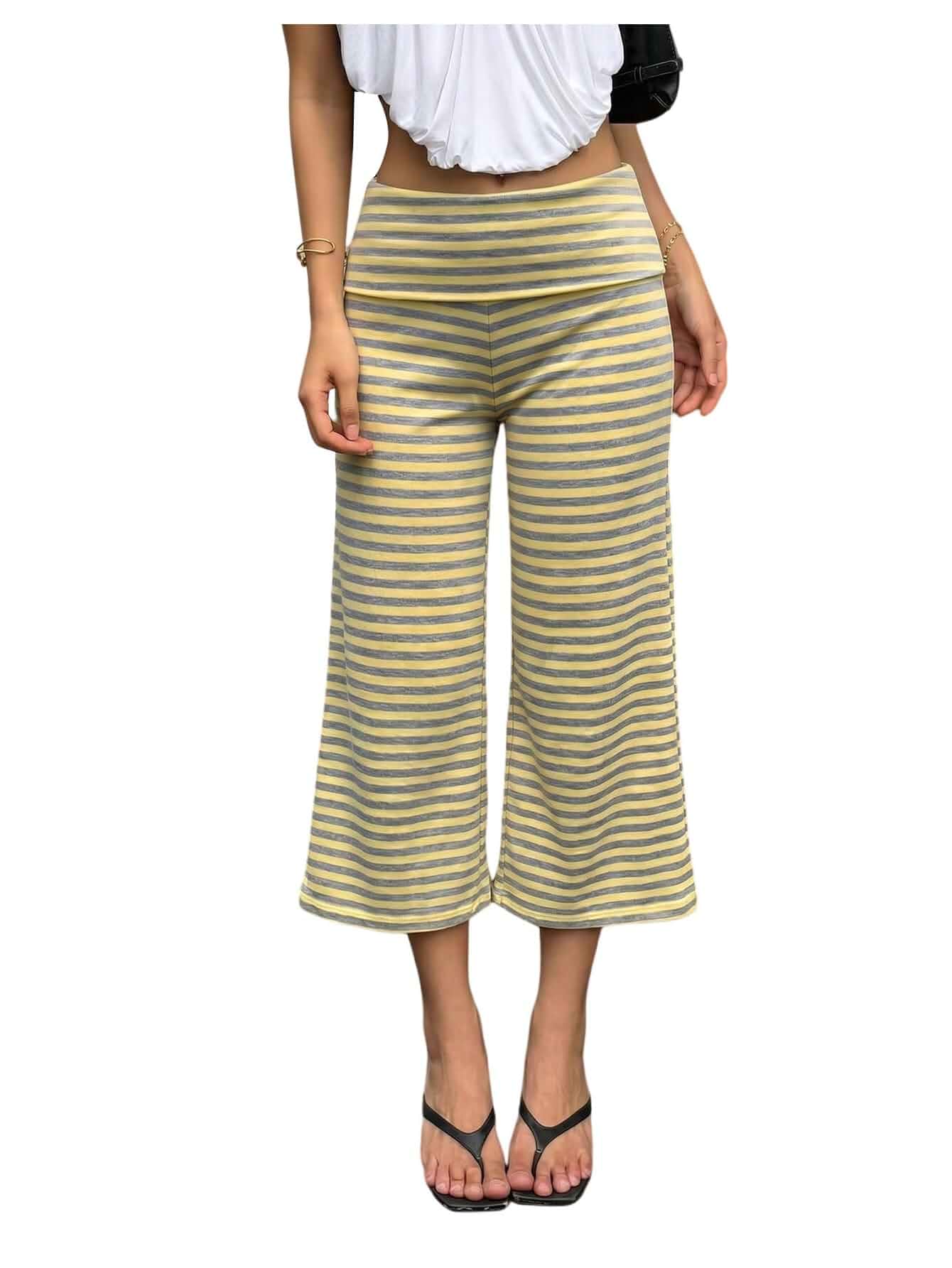 MakeMeChic Women's Striped Fold Over Flare Pants Y2k Low Rise Capri Pants Yoga Clothes, Lounge Wear, Trouser Pants, Fall Outfits, Casual Pants, Brunch Outfits