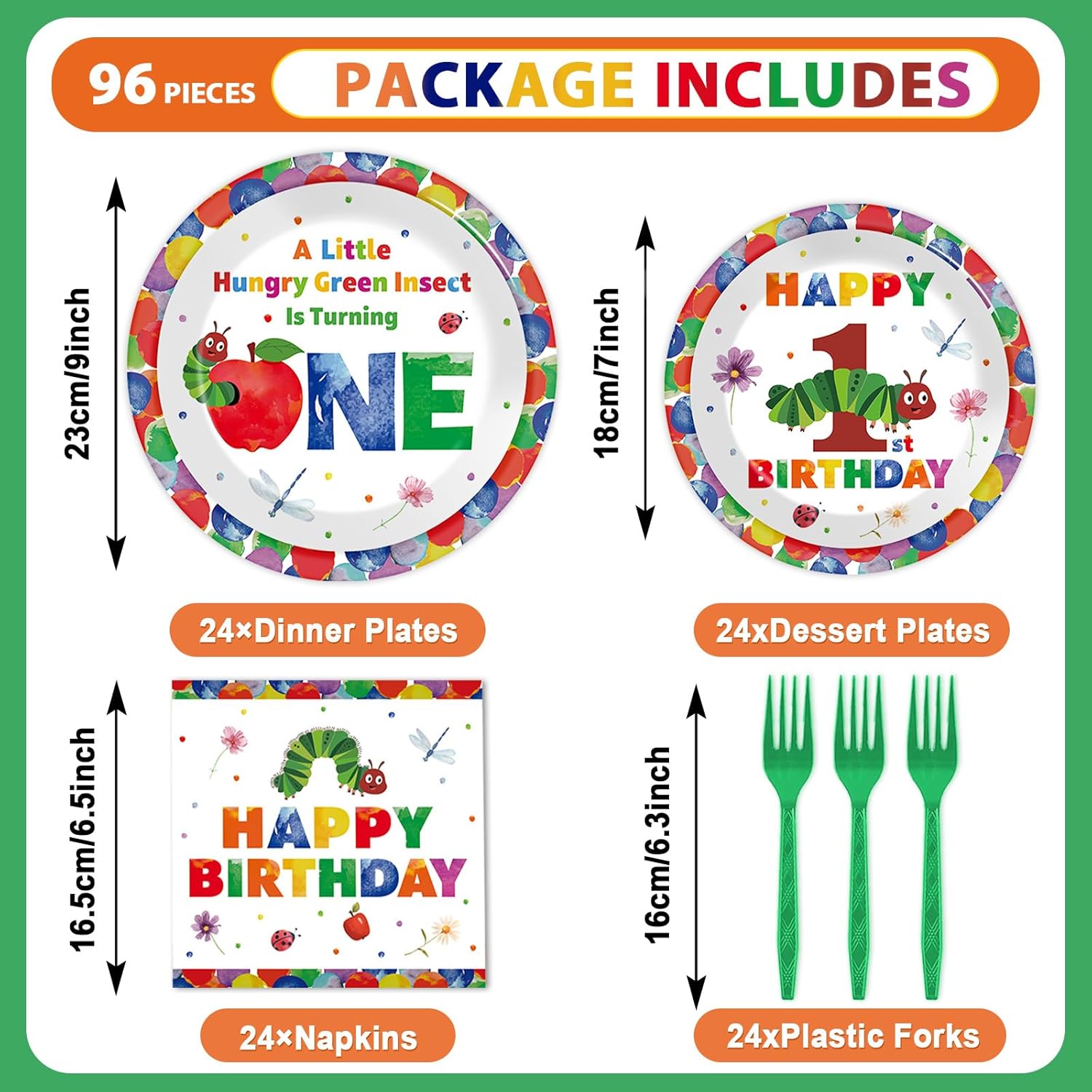 96Pcs Caterpillar 1st Birthday Party Plates and Napkins Green Caterpillar Theme Decor Very Hungry Paper Disposable Dessert Cake Plates Cartoon Insect Tableware Set for Kids Birthday 24 Guests