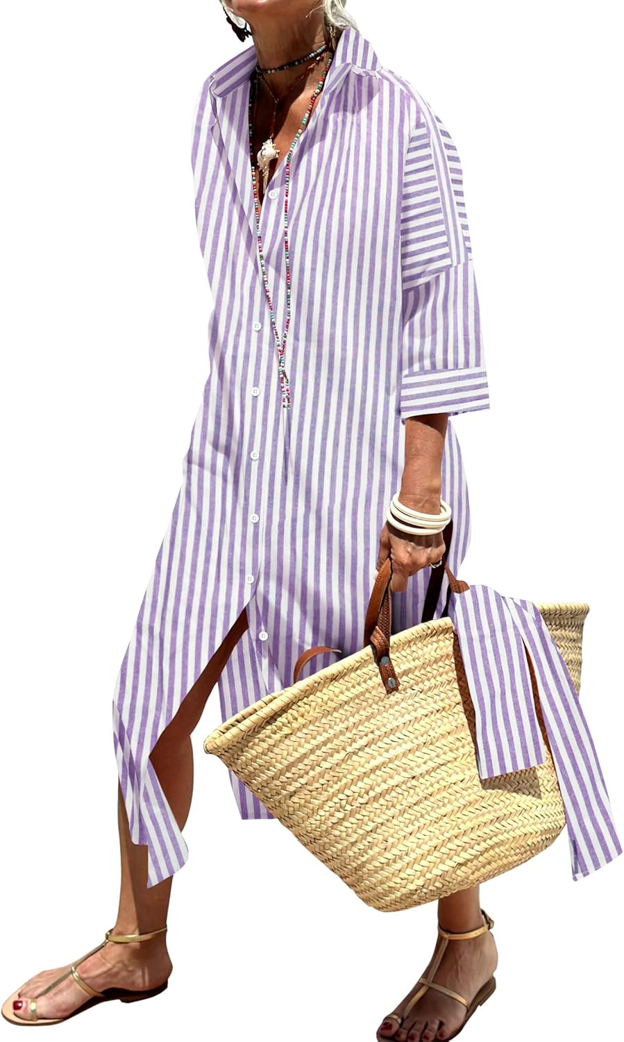 Womens Shirt Dresses Striped Lapel 3/4 Sleeve Maxi Dress Button Down Split Belted