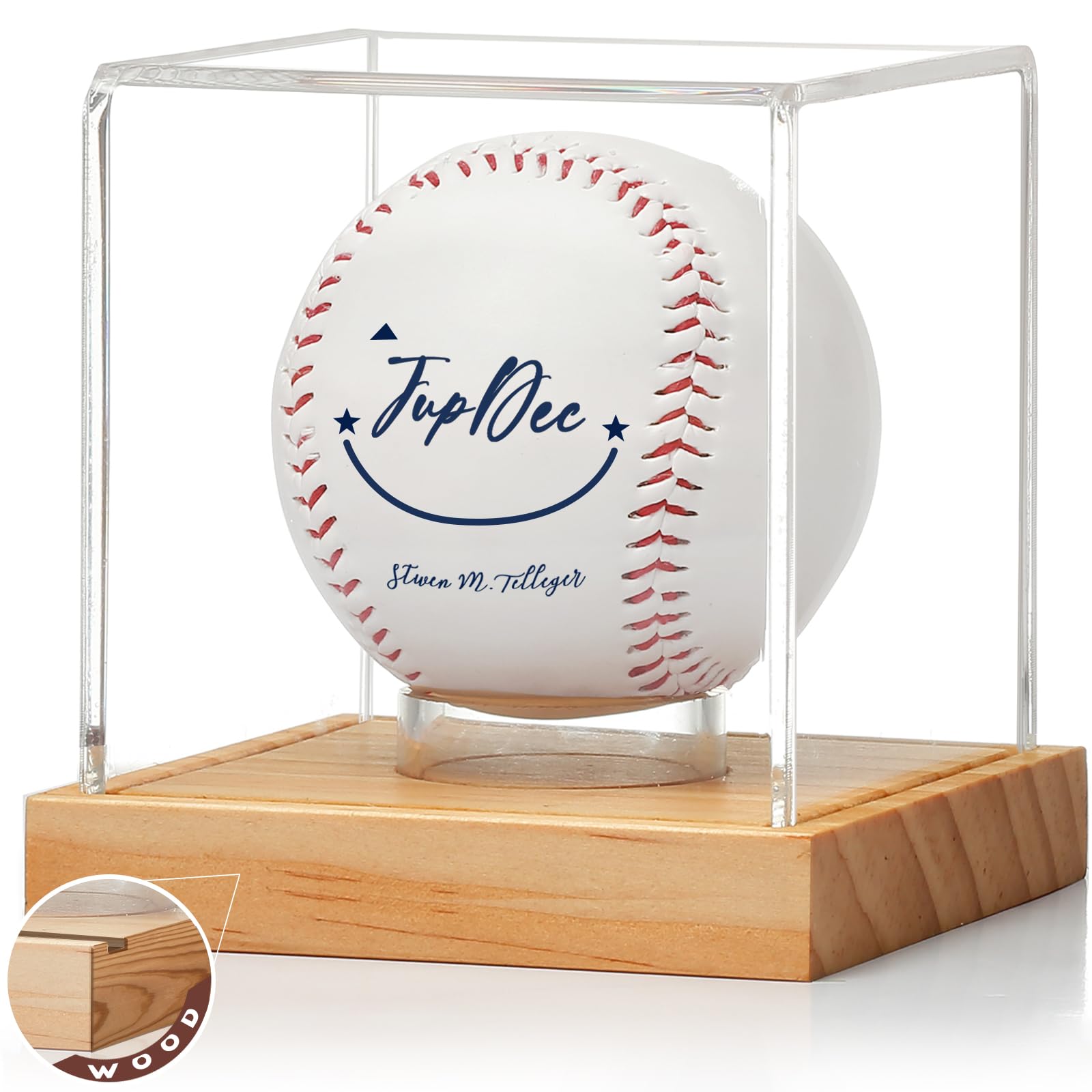 JupDec Baseball Display Case, Clear Cube Baseball Holder with Wooden Base, Autograph Baseball Stand Box for Single Ball, Pine Wood, 1 Pack