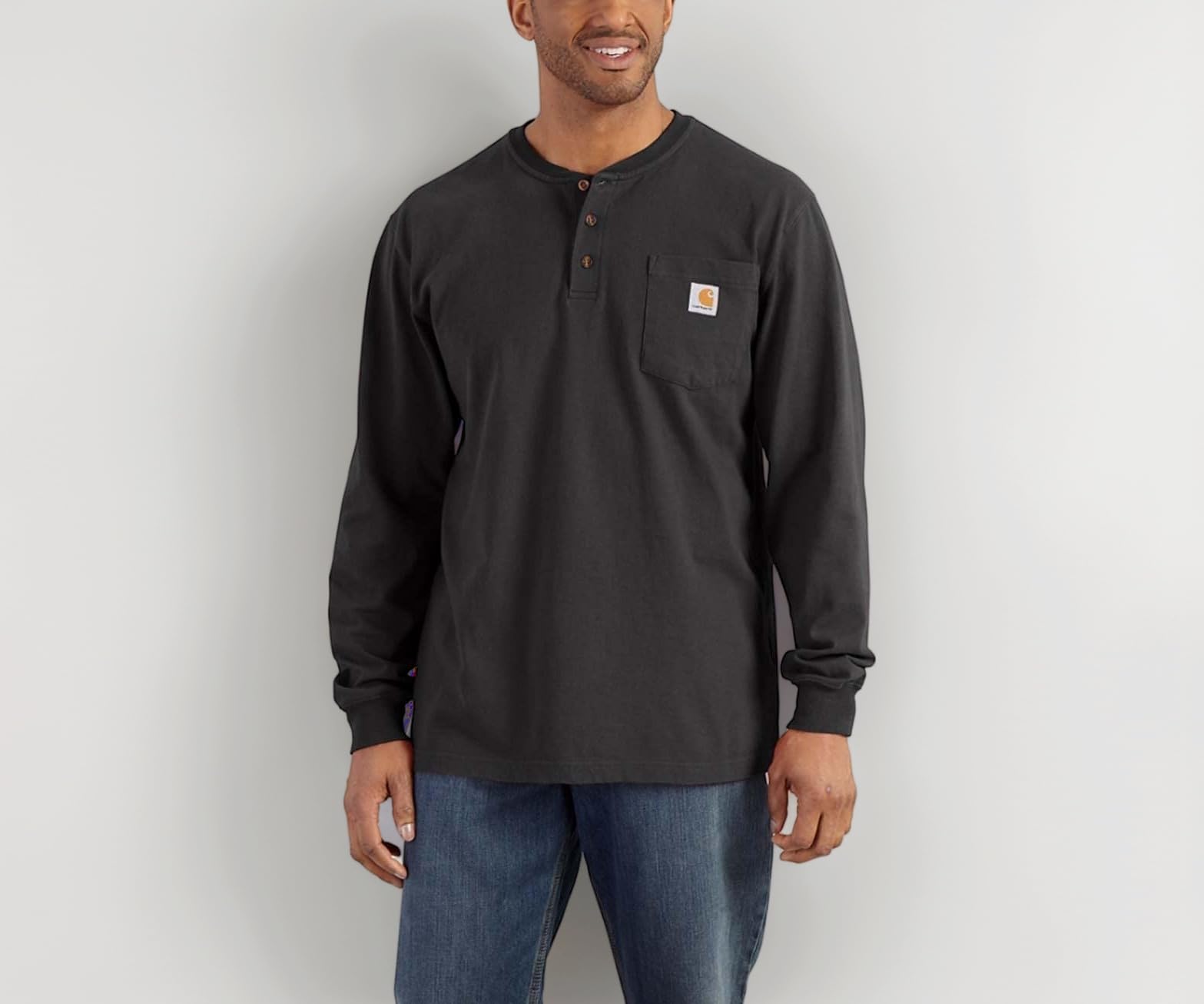 Men's Loose Fit Heavyweight Long-Sleeve Pocket Henley T-Shirt, Black, Medium