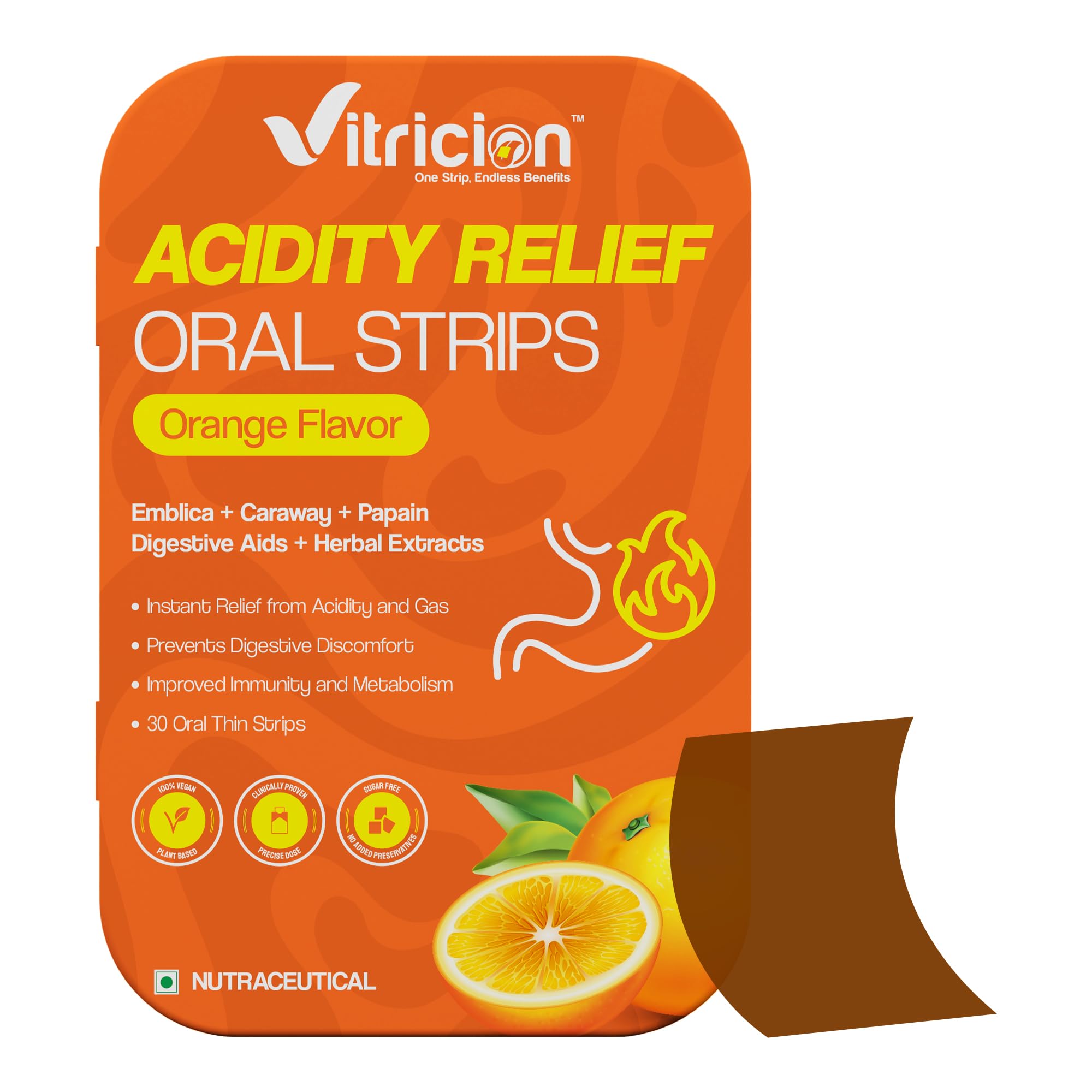 Acidity Relief Oral Strips - 30 Fast-Dissolving Strips | Orange Flavor, Instant Relief from Acidity, Heartburn, Gas & Bloating | With Papaya, Amla, Mint & Fennel