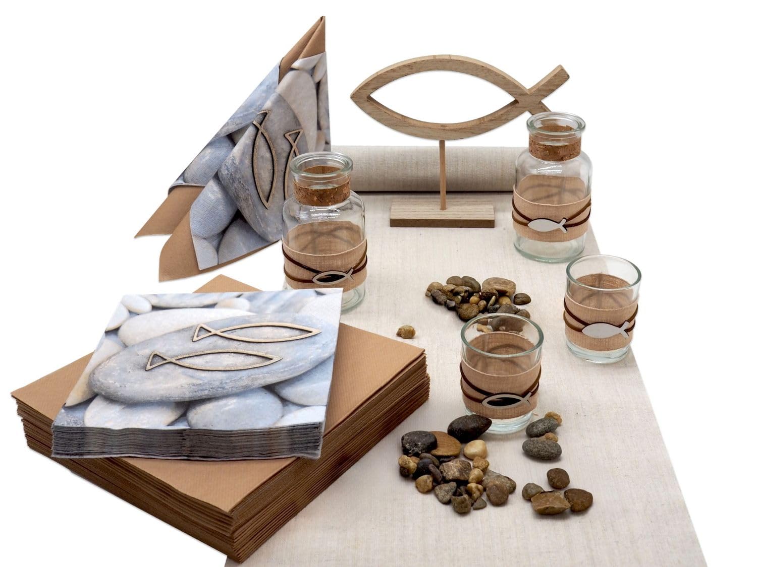 ZauberDeko Tischdeko Kommunion Konfirmation Natur Braun Fisch Stein Holz Set 20 Personen