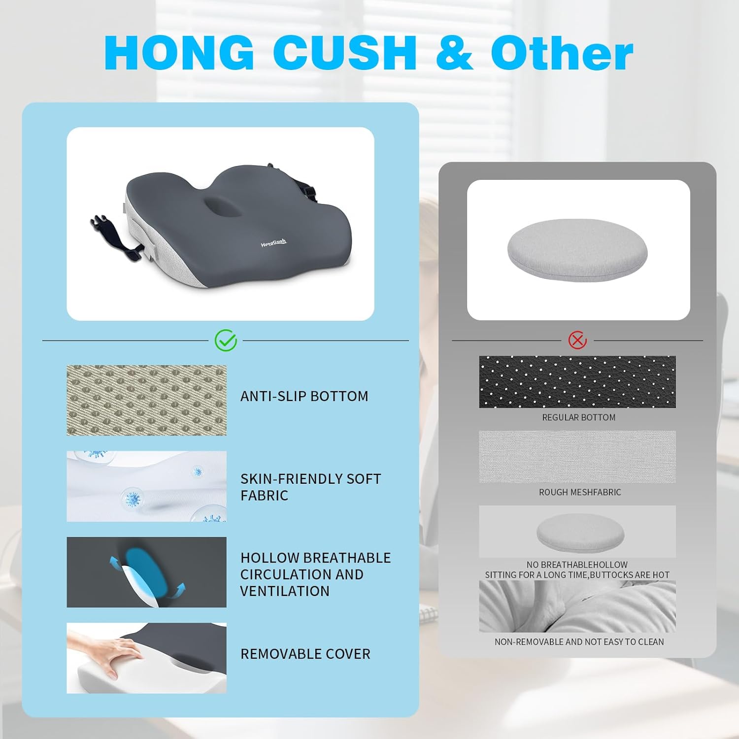 Memory Foam Seat Cushion for Office Chair & Car Seat, Sciatica & Tailbone Pain Relief, Orthopedic Coccyx Cushion with Non-Slip Bottom