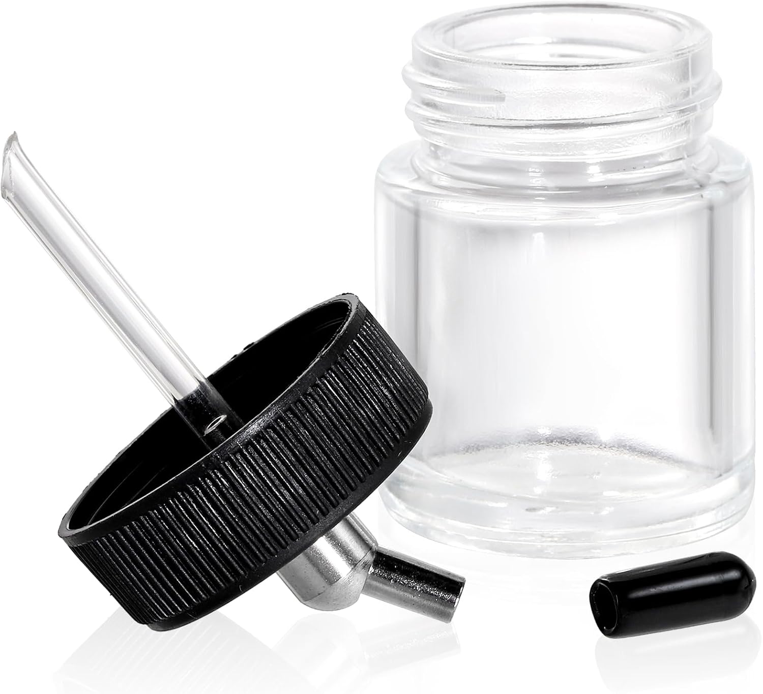 Goaste 10 Pack Glass Airbrush Bottles Kit, 22cc Empty Airbrush Jars, Transparent Airbrush Paint Storage Pot with 10pcs Cap Covers, 30° Down Angle Adaptor Lids, Fits Dual-Action Siphon Feed Airbrushes