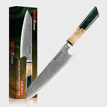 Seido Knives Kiritsuke Damascus Steel Chef Knife Epoxy Resin Stabilized Wood Handle Professional Kitchen Knife VG10 High Carbon Stainless Steel, Forest Green