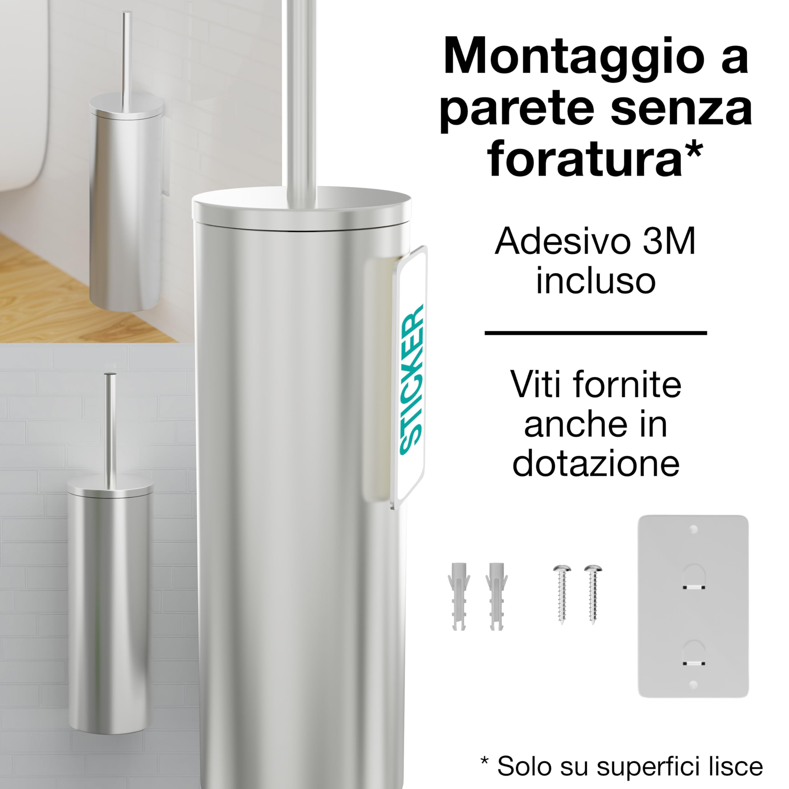 Scopino WC Sospeso - Scopino Silicone e Metallo - Nessuna Foratura - Montaggio a Parete con Adesivo o Vite - Acciaio Inox 304 - Porta Scopino Bagno WC - WC3611