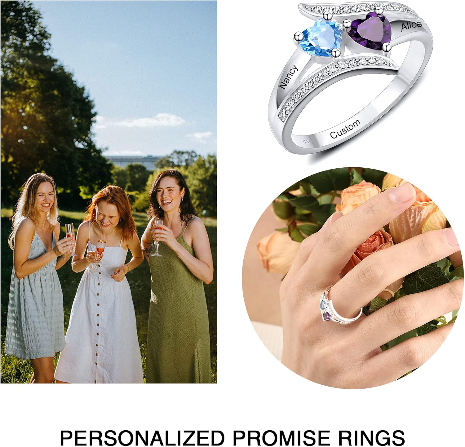 Personalized Simulated Birthstones Promise Ring Engraving 2/3/4 Names S925 Sterling Silver Ring for Women Couple Wedding Engagement Jewelry Gift