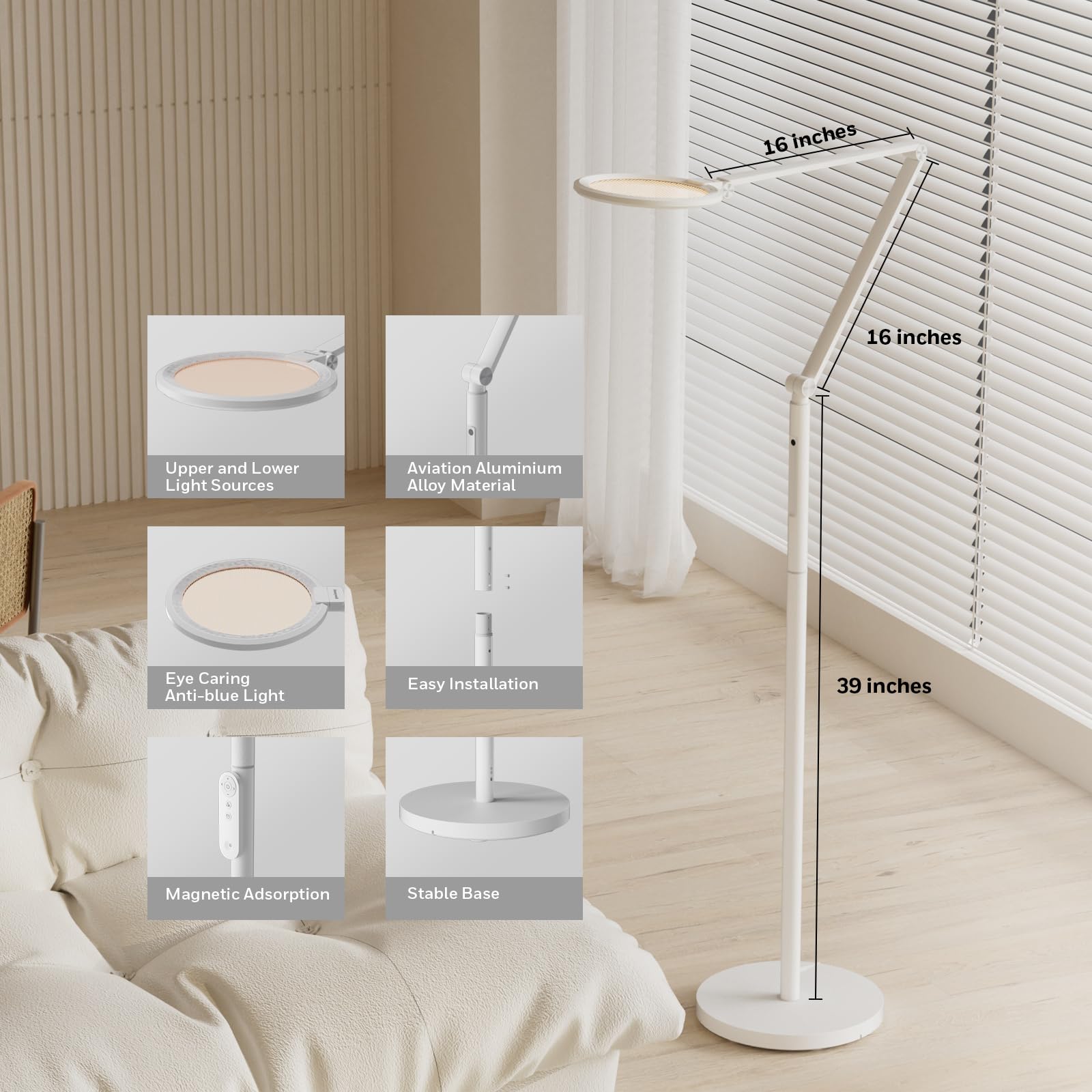 Honeywell Lámpara de pie LED - F01WT Sunturalux Luz de pie regulable para el cuidado de los ojos con control remoto, luz natural, 5 colores y 5 brillos, lámpara de pie alta para oficina en casa