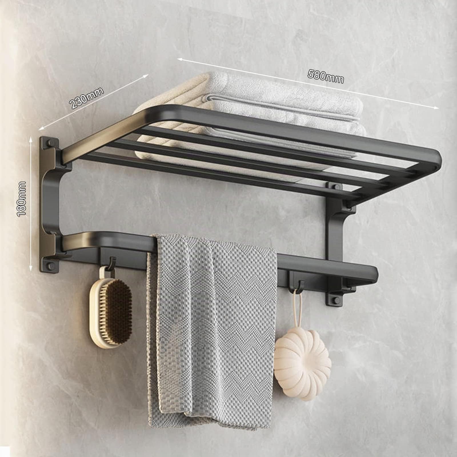 Porte-Serviettes sans perçage - Noir - Porte Serviettes de Salle de Bain - Montage Mural - avec 5 Crochets pour Serviettes de Bain, 58cm