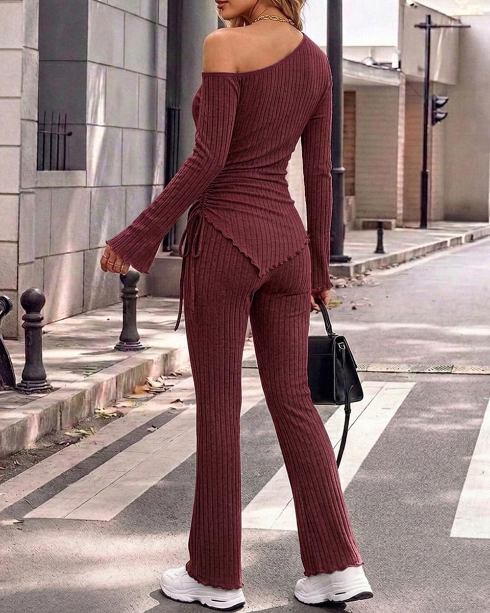 CHICME Womens 2 Piece Lounge Set Ribbed Knit One Shoulder Long Sleeve Top and Flare Leg Pants with Pockets Matching Outfits