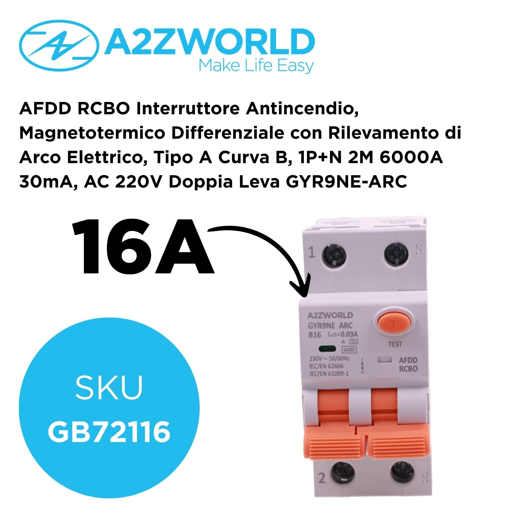 AFDD RCBO Brandschutzschalter, Typ A Kurve B 16A B16, Magnetothermic Differential mit Fehlermeldung Elektrischer Lichtbogen, 6kA 30mA 1P+N, Schutz gegen elektrische Brände