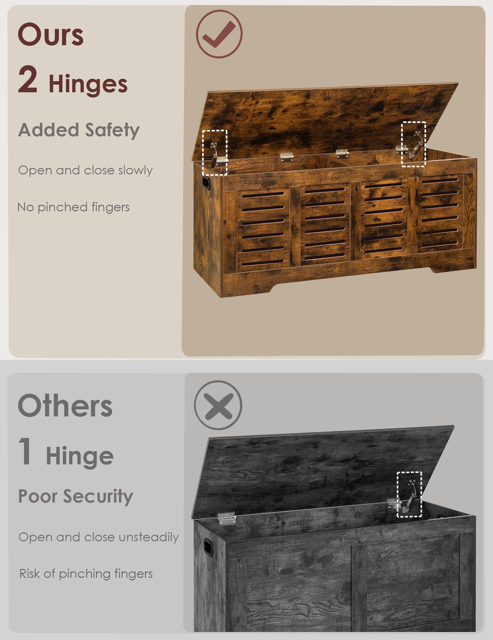 DINZI LVJ Storage Chest, 47.3” Wooden Toy Box with 2 Safety Hinges, Retro Entryway Shoe Storage Bench with Flip-Top, Sturdy Large Storage Trunk for Living Room, Bedroom, Easy Assembly, Rustic Brown