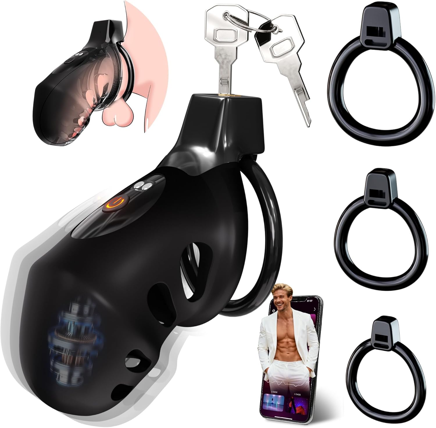 Vibrating Chastity Cage, Cock Cage with 10 Vibrations App Control, 4 Replaceable Rings Penis Cage, Vibrating Cock Ring Chastity Devices Male Sex Toys for Men, Male Chastity Cage for Penis Bondage Gear