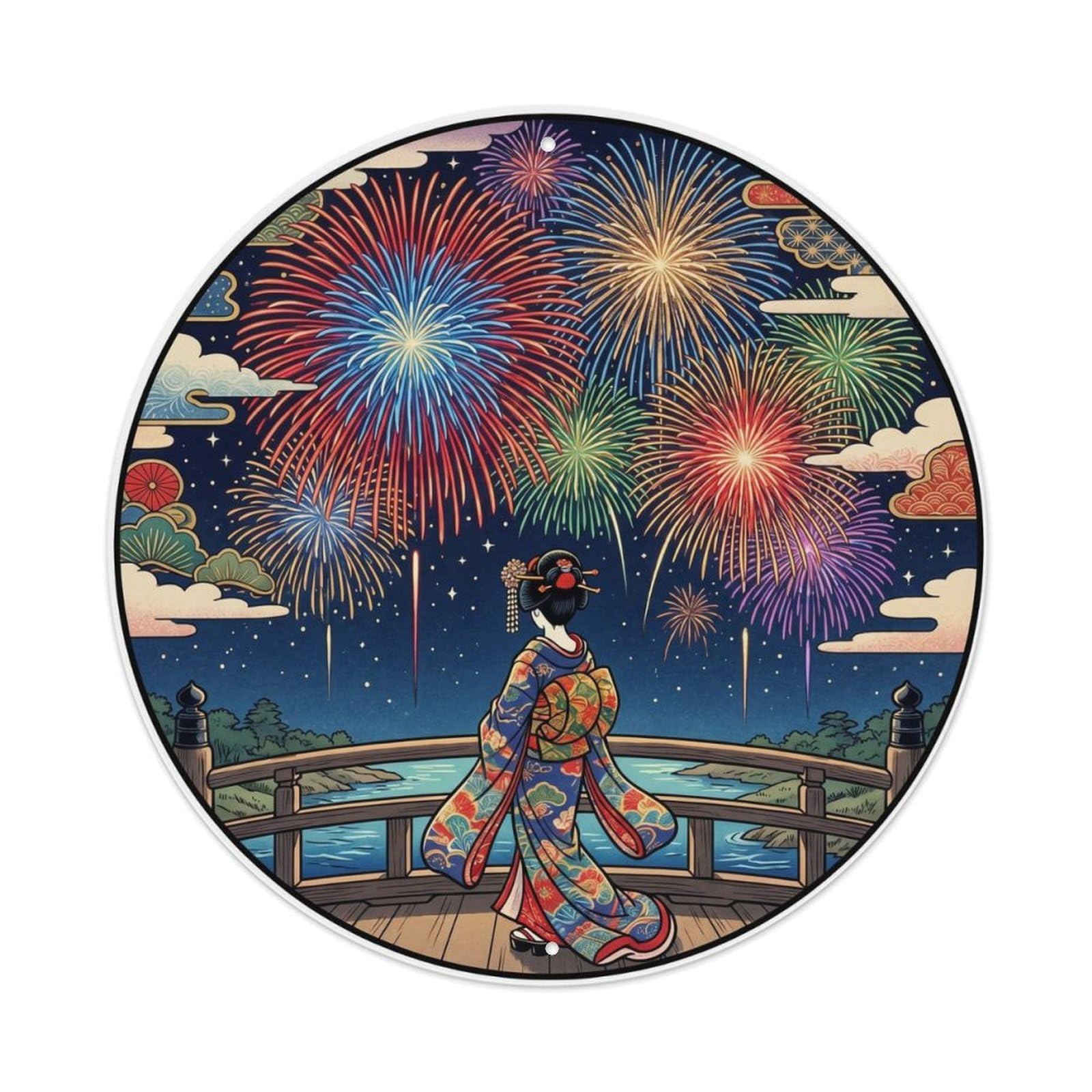 Metal Tin Sign Japanese Fireworks Blooming Sky Geisha Scene