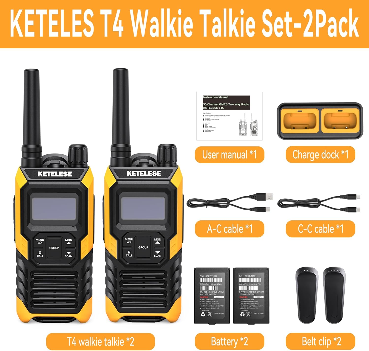 KETELESE T4 Walkie Talkie IP67 Waterproof, Type-C Rechargable Two Way Radio, Dual PTT, NOAA Weather, VOX, Group, Scan, FRS Radios 2 Watts, for Adults, 2Pack, Orange