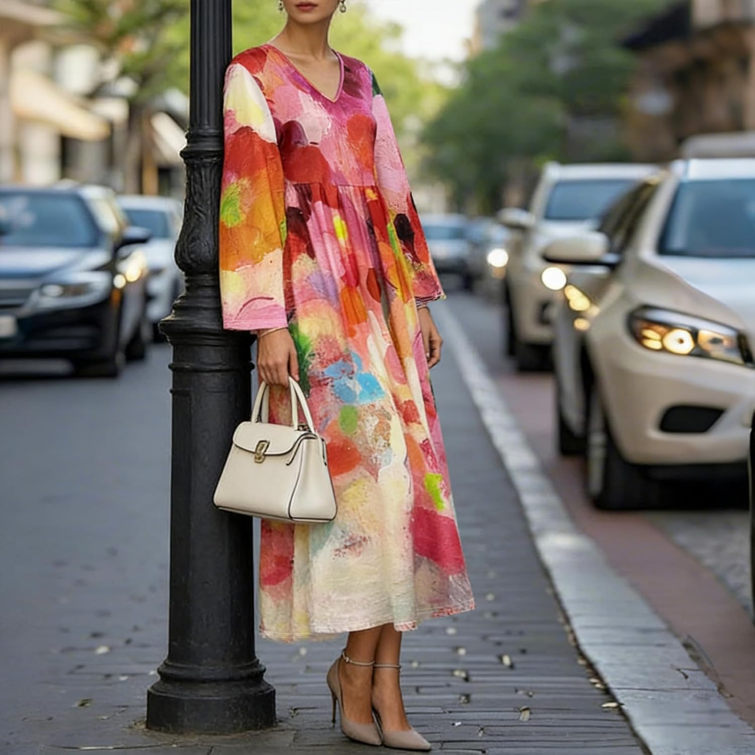 Women's Elegant Bell-Sleeve Printed Long Dress Commuter Mom Dress