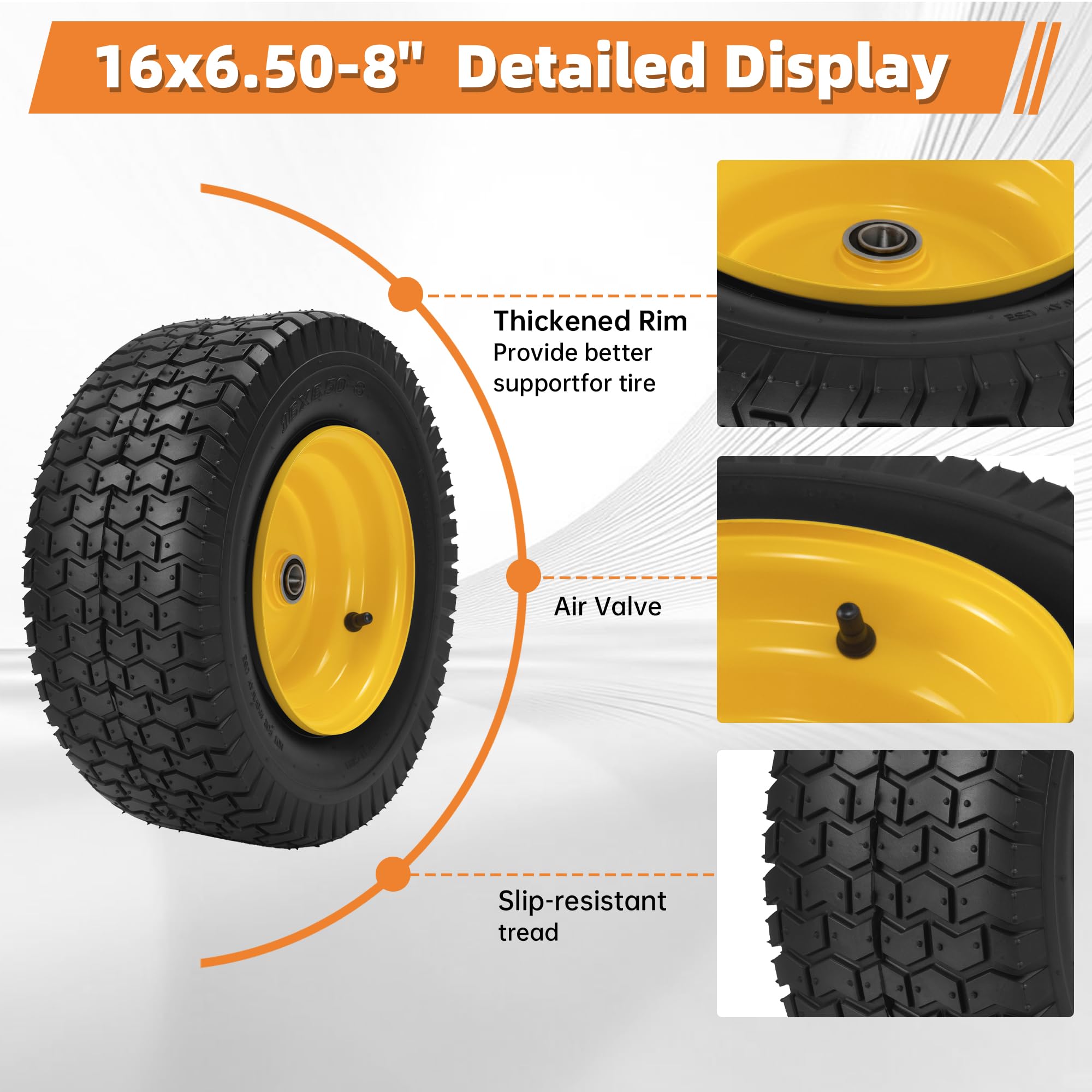 2 piezas de 16 x 6.50-8 sin cámara para cortacésped delantero y rueda para la mayoría de cortacéspedes