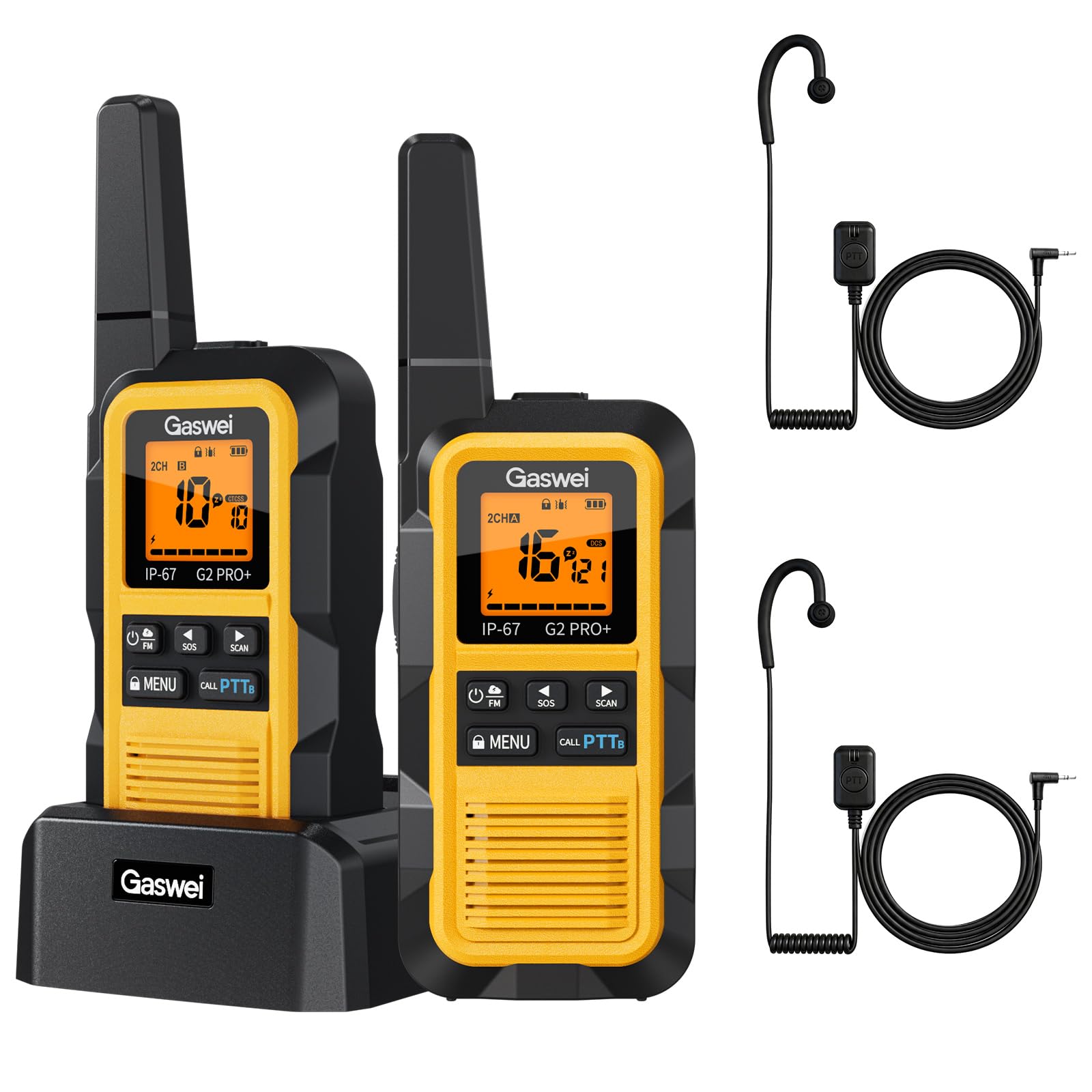 Gaswei G2Pro+ Walkie Talkie Wasserdicht für Erwachsene mit Ohrhörern | IP67 walky talky& schwimmfähig, Profi-Funkgerät set mit großer Reichweite, Doppel-PTT, VOX, SOS-Alarm & FM-Radio (2er Set)