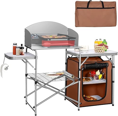GYMAX Cocina portátil de aluminio para acampar, mesa de cocina plegable con mesa de 26 pulgadas, parabrisas desmontable y bolsa de transporte, mesa